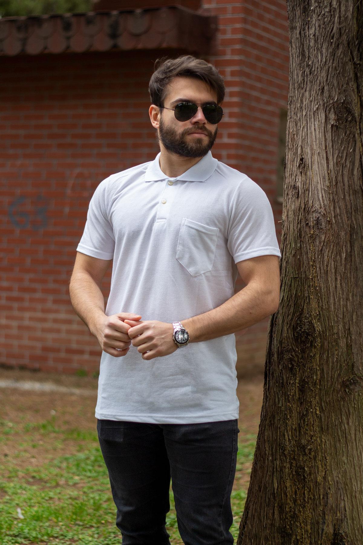 Beyaz Basic Düz Polo Yaka Kısa Kollu Pamuklu Erkek Tişört 22EPLYOPOL