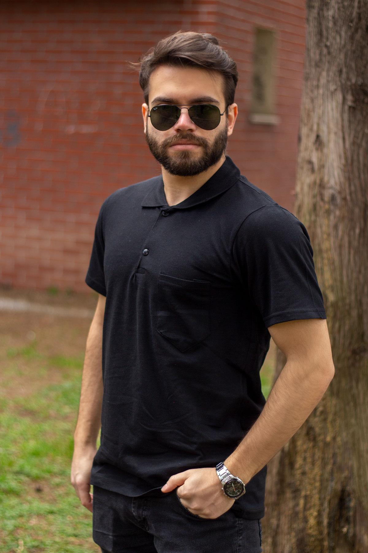 Siyah Basic Düz Polo Yaka Kısa Kollu Pamuklu Erkek Tişört 22EPLYOPOL