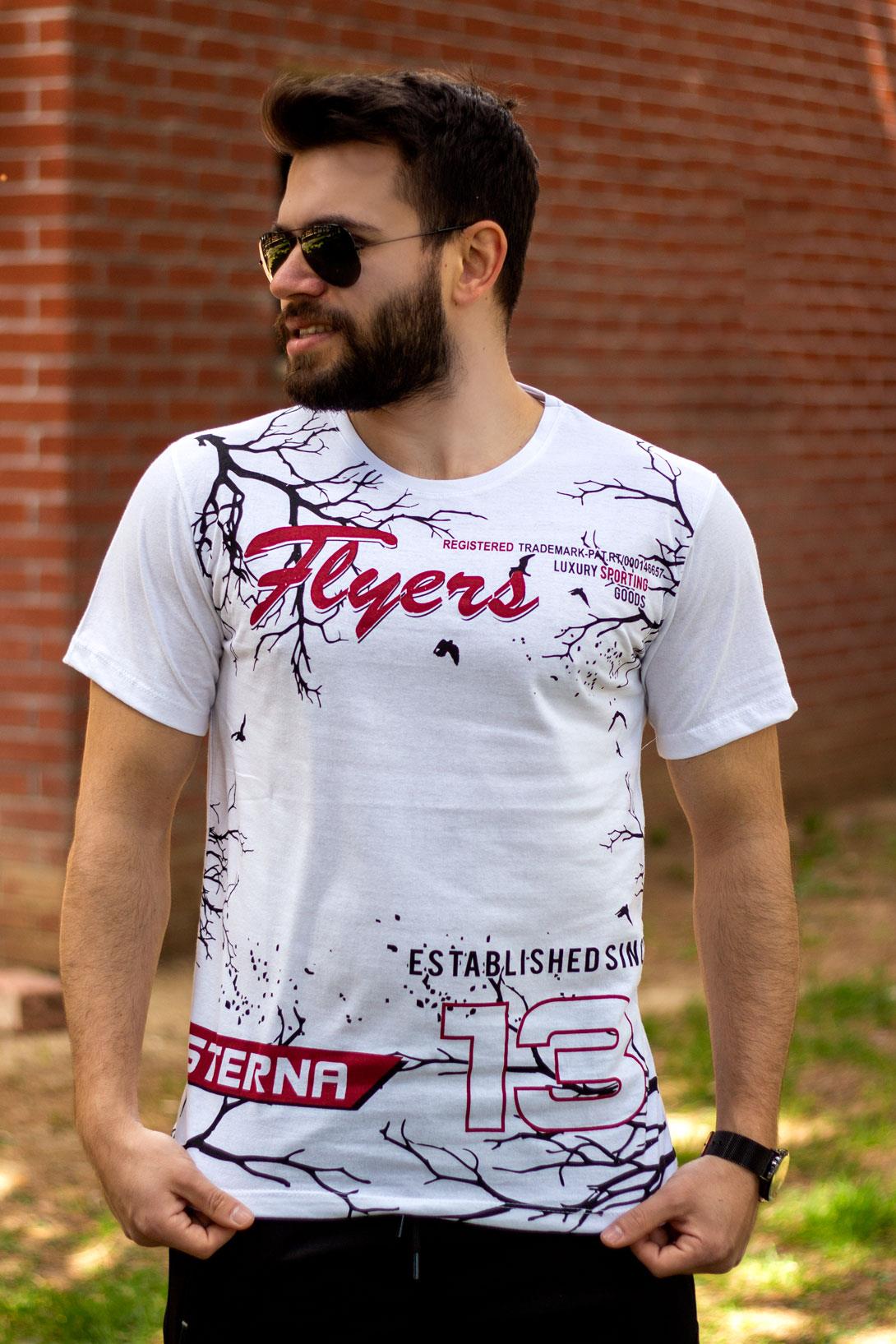 Beyaz Baskılı Kısa Kollu Pamuk V Yaka Erkek Tişört 22ETSHFLYR