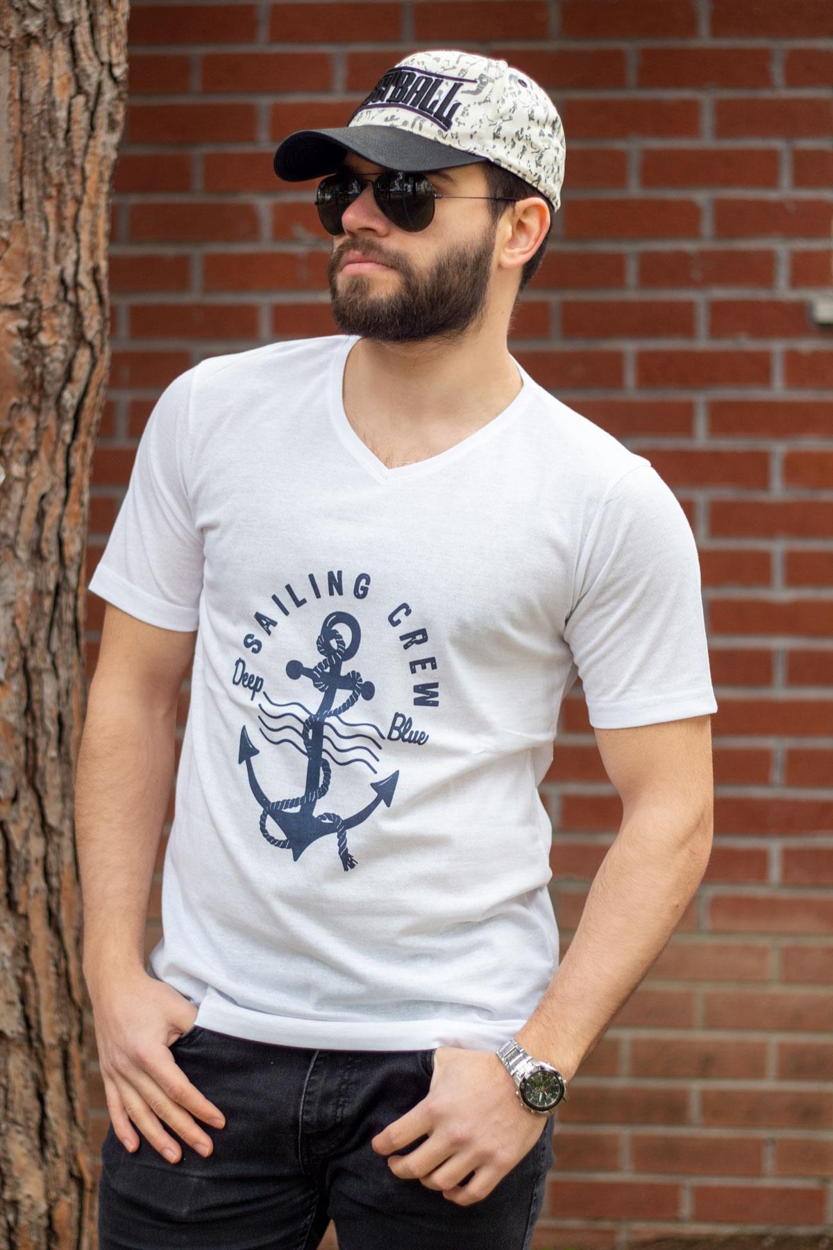 Beyaz Büyük Çapa Baskı V Yaka İnce Kısa Kollu Erkek Tişört 22ETSHBCAP