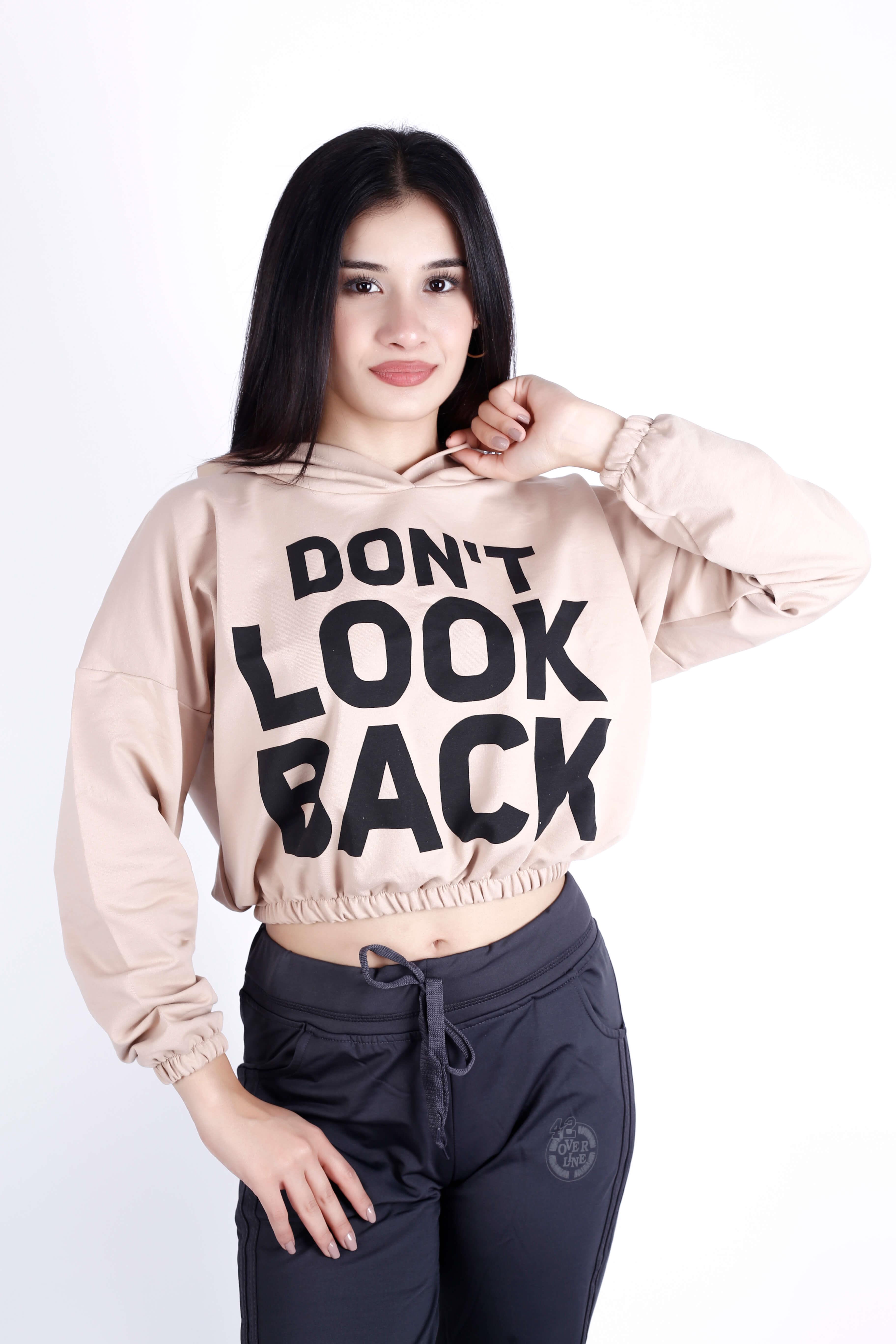 Kadın Krem Dont Look Back Ön Arka Yazı Baskılı Kapüşonlu Crop Sweatshirt