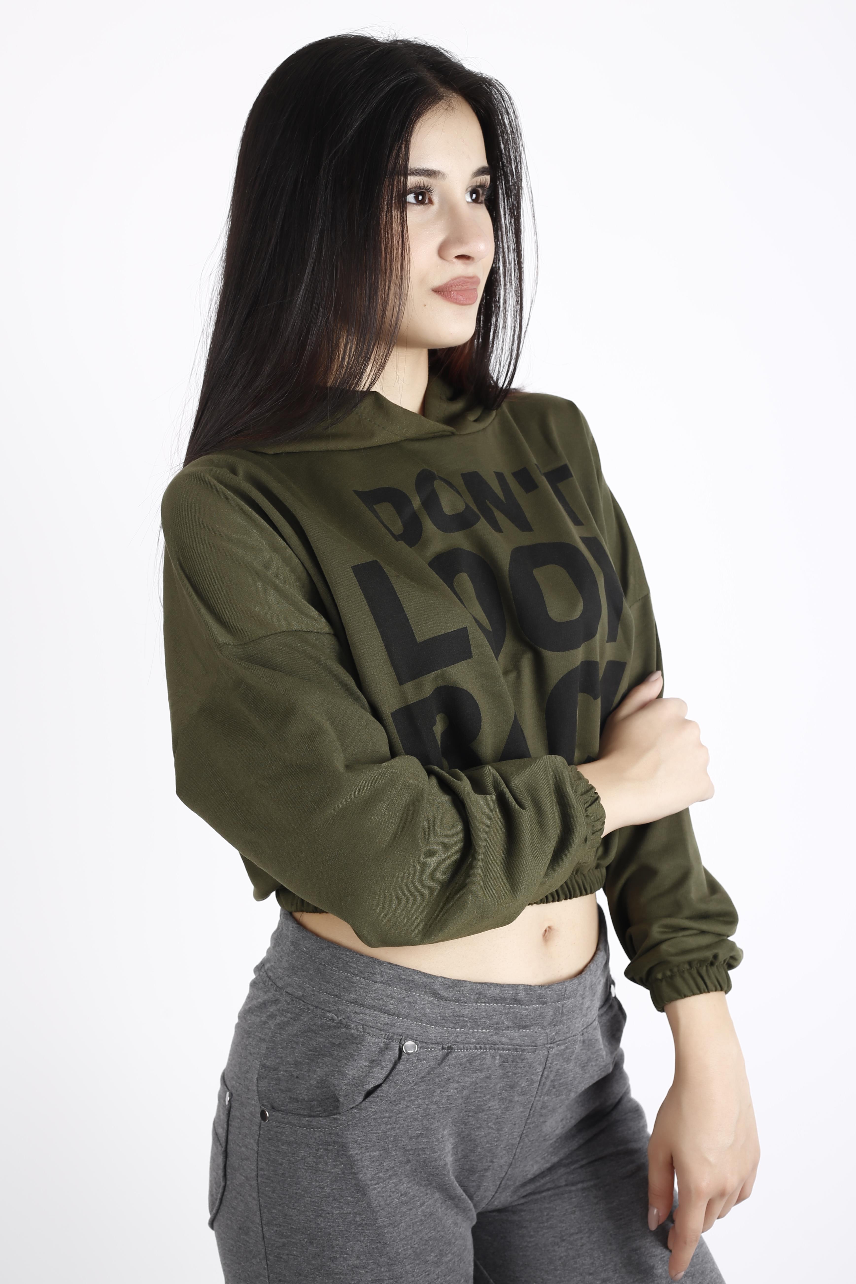 Kadın Haki Dont Look Back Ön Arka Yazı Baskılı Kapüşonlu Crop Sweatshirt 22KSWTDONT