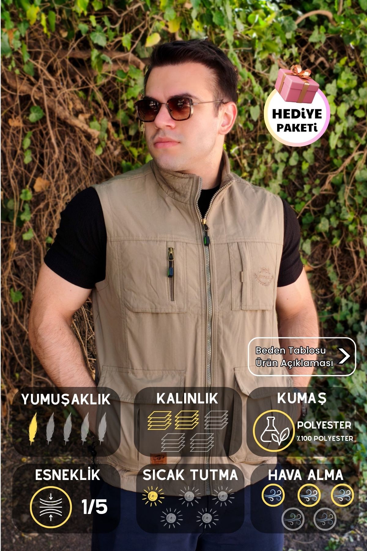 Erkek Açık Haki Mevsimlik Nefes Alan Hızlı Kuruyan Çok Cepli Taktikal Kolsuz Yelek 25EYLKJPBL