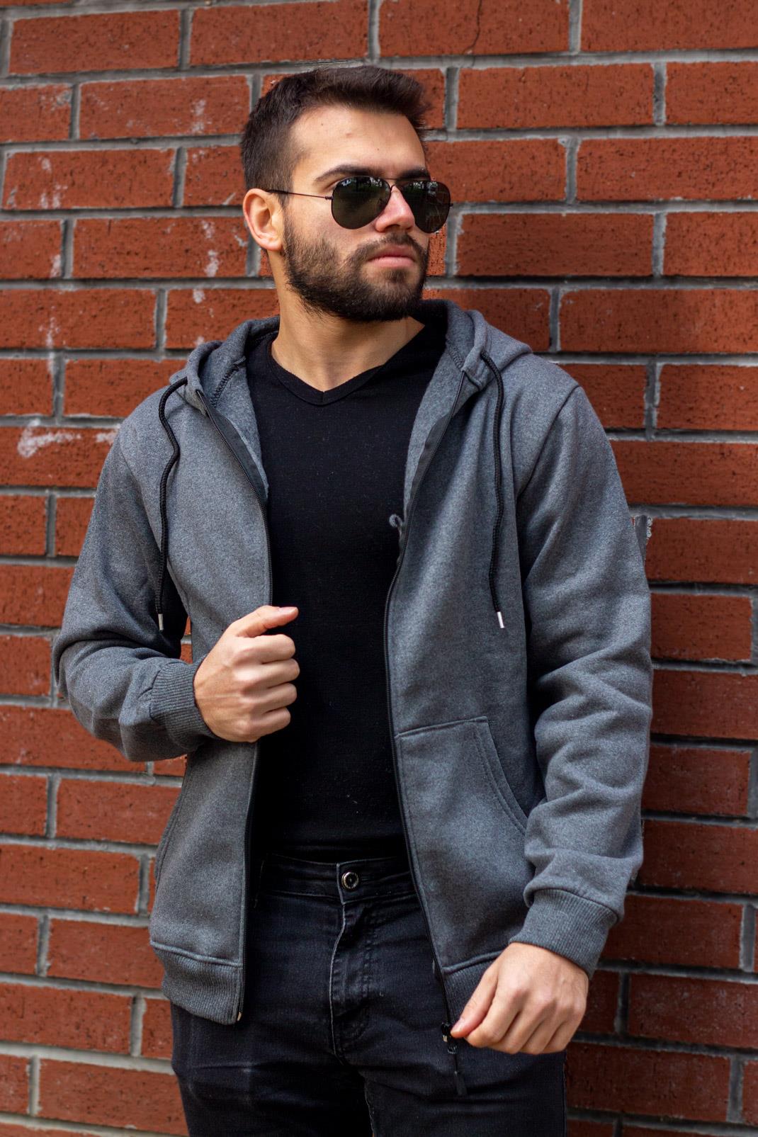 Erkek Antrasit 3 İplik Ekstra Kalın Fermuarlı Kapüşonlu Ceket 22ECKTCEET