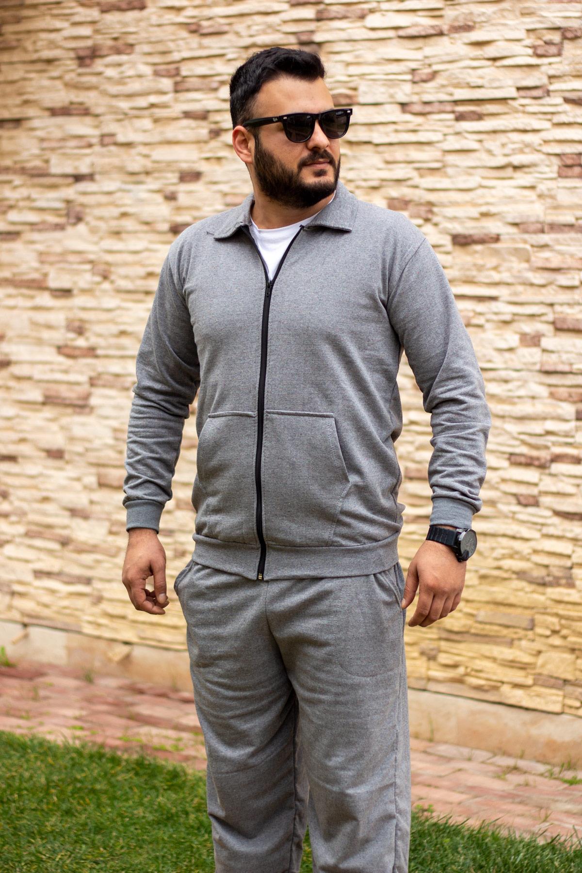 Gri Melanj Basic Düz Fermuarlı İçi Yumuşak Kalın Sweat Erkek Eşofman Takımı 21EESTFERM