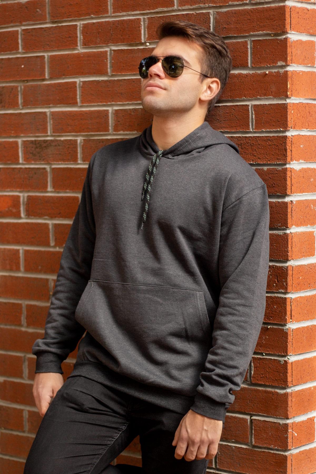 Erkek Antrasit Düz Basic Kapüşonlu Cepli Oversize Sweatshirt 21ESWT1KNG