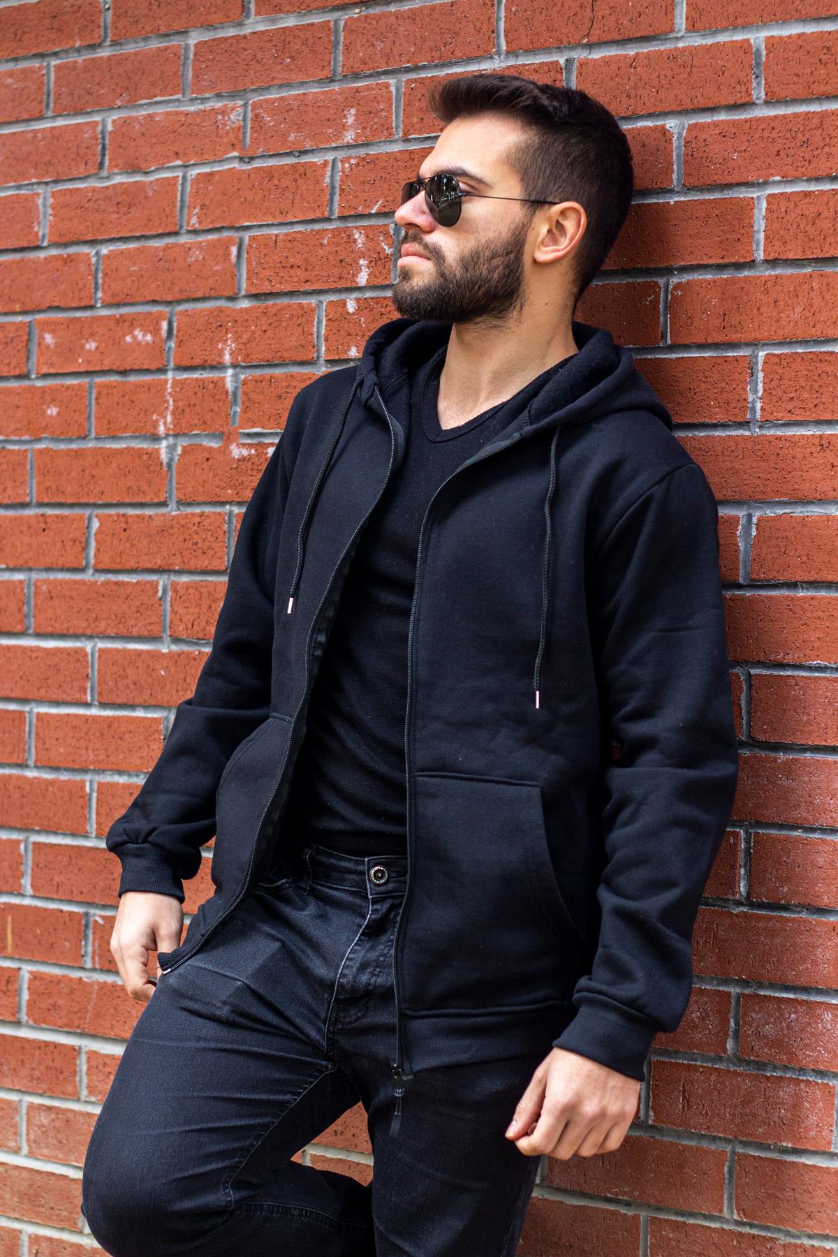 Erkek Siyah 3 İplik Ekstra Kalın Fermuarlı Kapüşonlu Ceket 22ECKTCEET