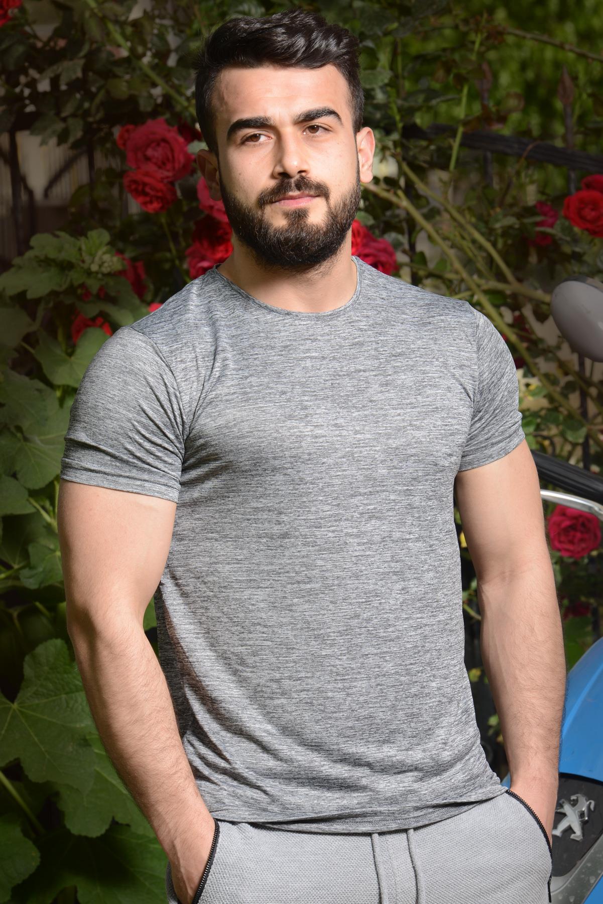 Erkek Gri Slim Fit Esnek Yuvarlak Bisiklet Yaka Kısa Kollu Tişört 21ETSHINCE