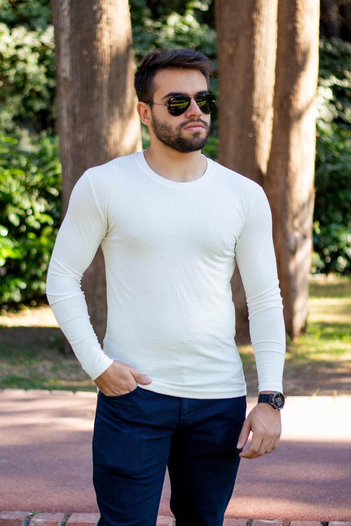 Erkek Beyaz Basic Düz Fitilli Slim Fit Triko İnce Body Kazak 21EBDYFODY