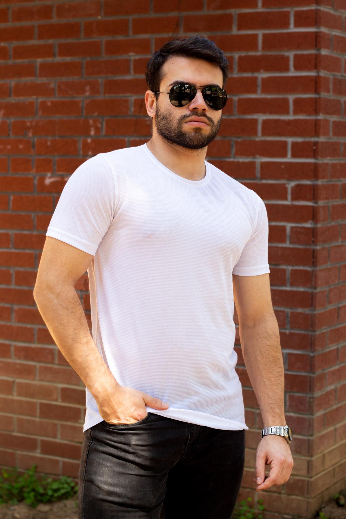 Erkek Beyaz Basic Rahat İnce Petek Kumaş Spor Tshirt 22ETSHPORT