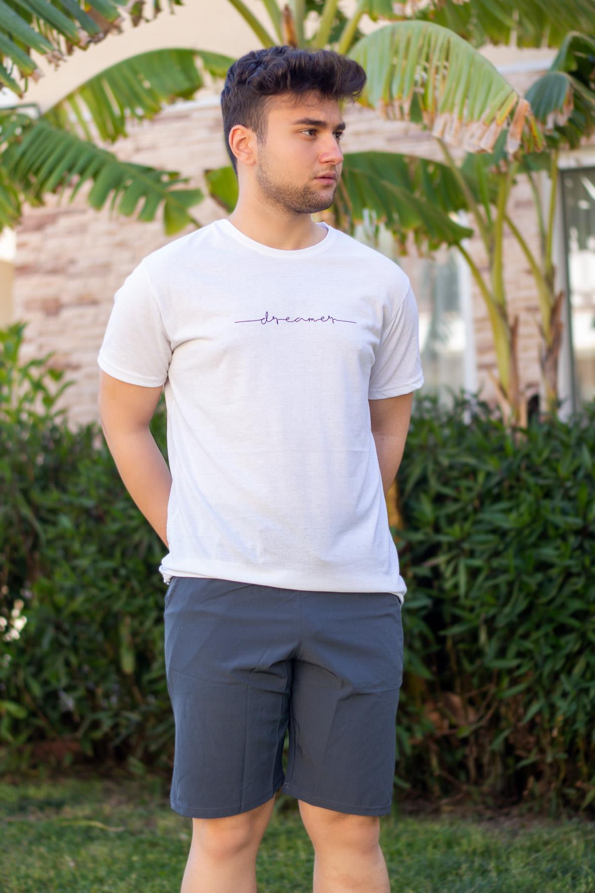 Erkek Beyaz Dreamer Baskılı Pamuk Kısa Kollu Bisiklet Yaka İnce T-Shirt 24ETSHDREM