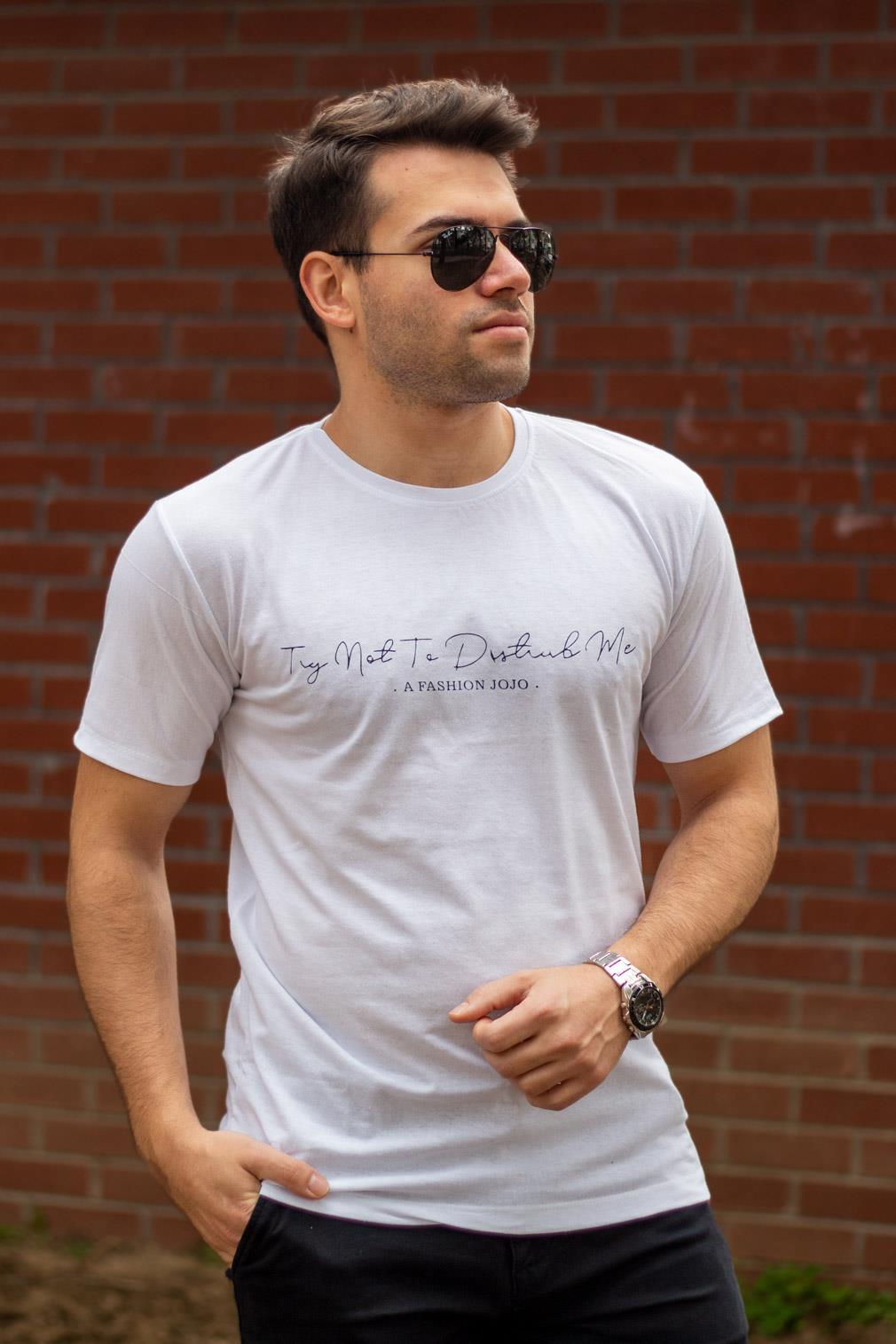 Erkek Beyaz El Yazısı İmza Baskı Kısa Kollu Bisiklet Yaka Erkek T-Shirt 22ETSHEYAZ