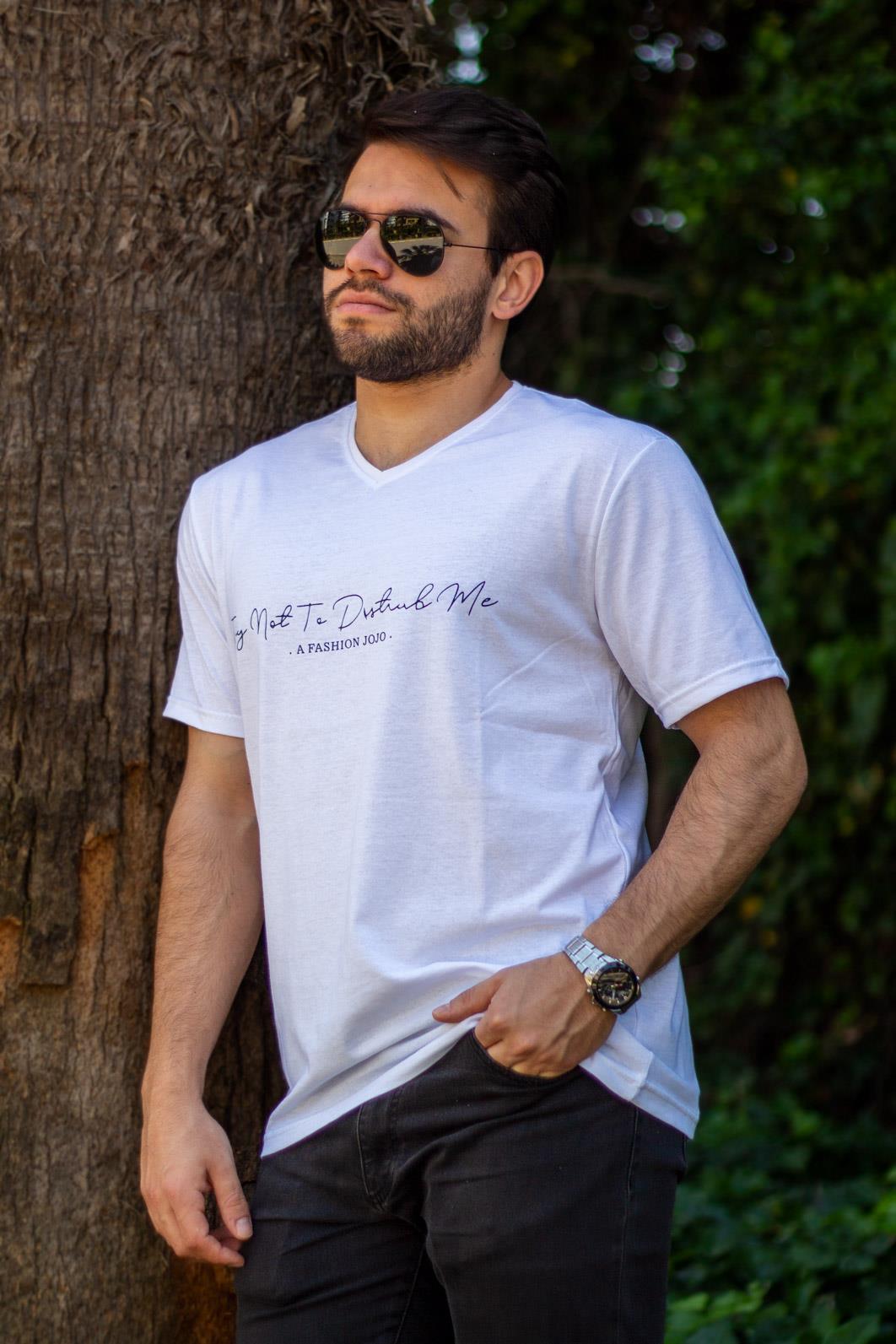 Erkek Beyaz El Yazısı İmza Baskı Kısa Kollu V Yaka Erkek T-Shirt 23ETSHVYAZ