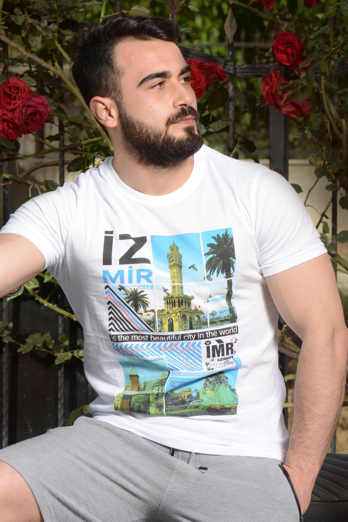 Erkek Beyaz Normal Kalıp İzmir Baskılı Kısa Kollu Bisiklet Yaka Tişört 21ETSHIZMR