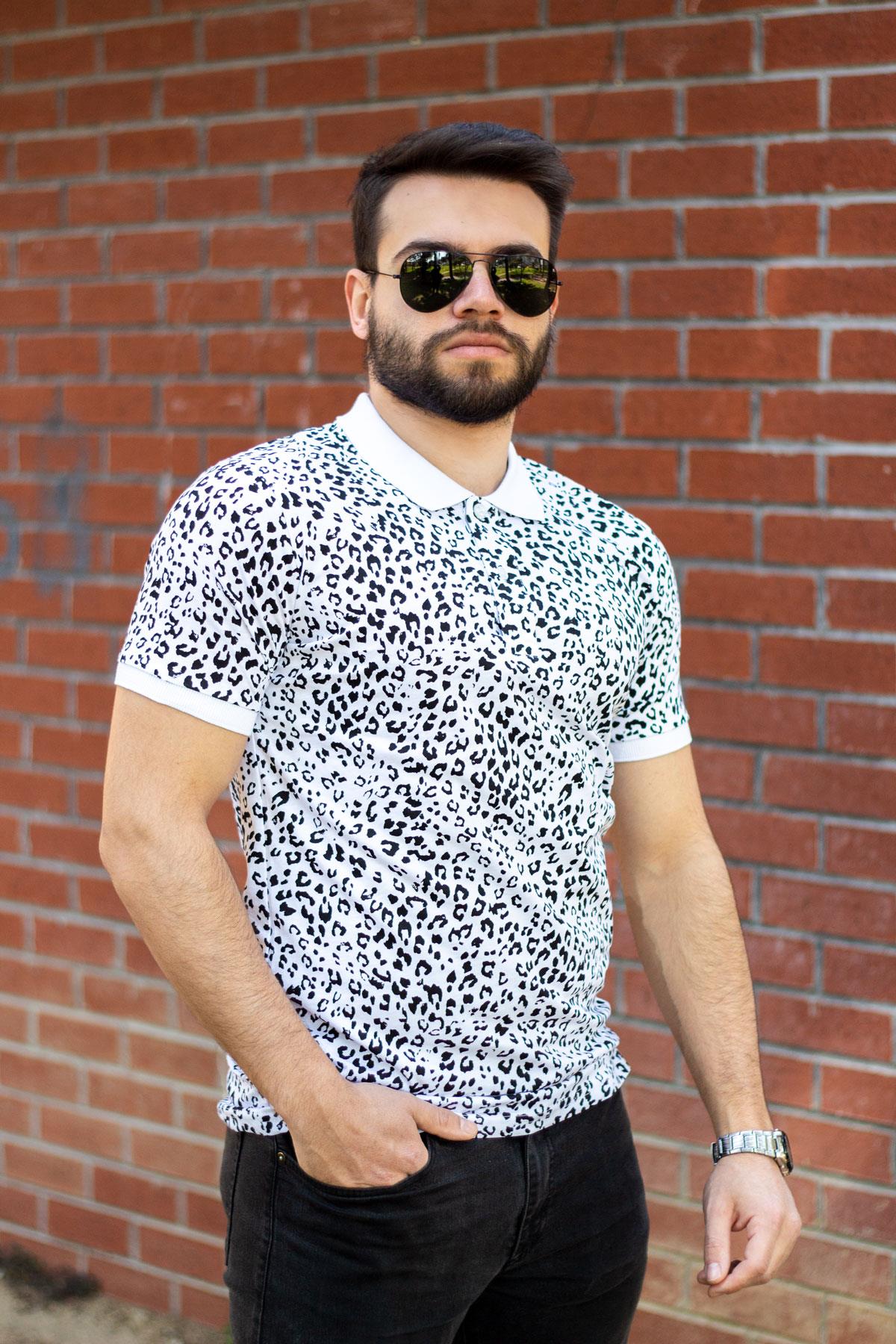 Beyaz Leopar Desen Esknek Pamuk Erkek Polo Yaka Tişört 22EPLYLEOP