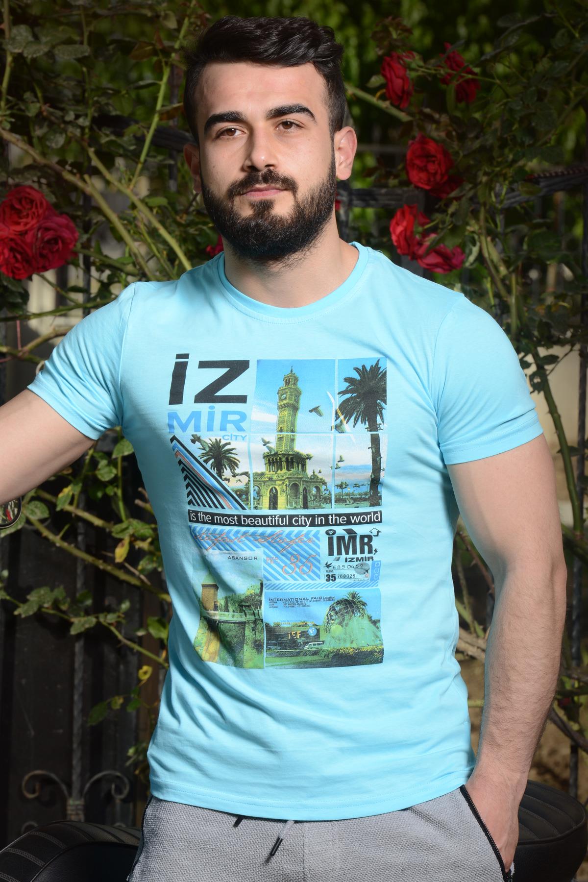 Erkek Turkuaz Normal Kalıp İzmir Baskılı Kısa Kollu Bisiklet Yaka Tişört 21ETSHIZMR