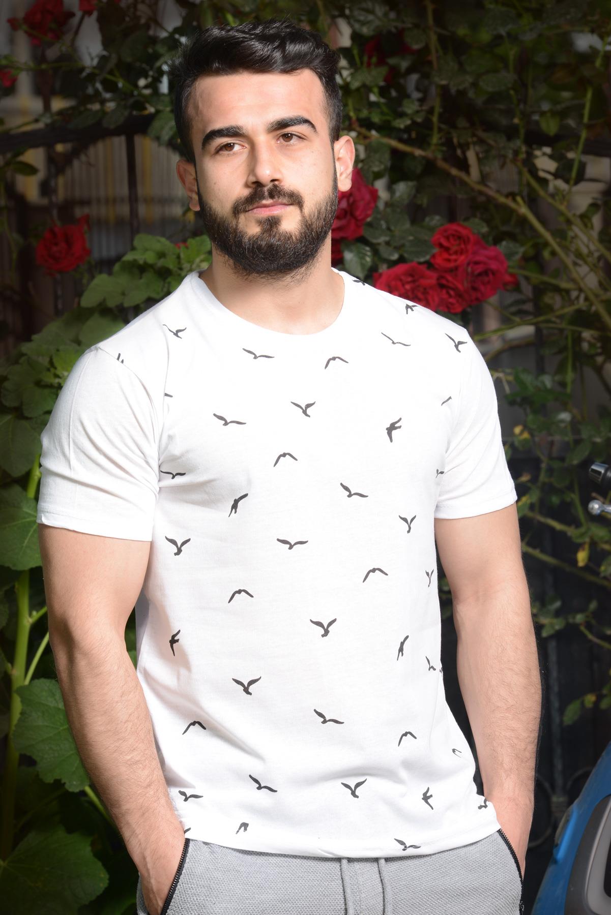 Erkek Beyaz Martı Baskılı Kısa Kollu Bisiklet Yaka Tişört 21ETSHMART