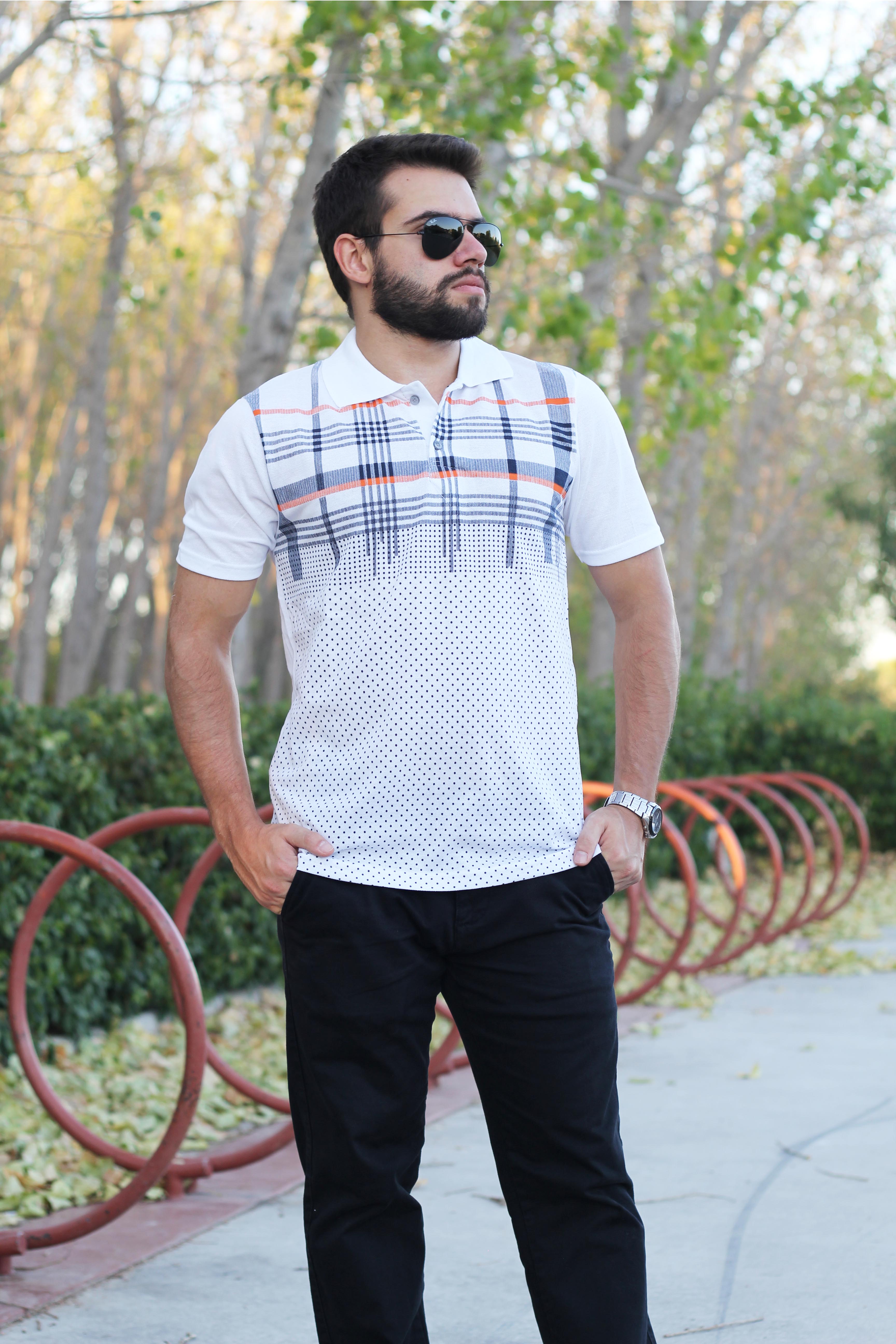 Erkek Beyaz Normal Kesim Kare Nokta Desen Polo Yaka Tişört 20EPLYKRPT