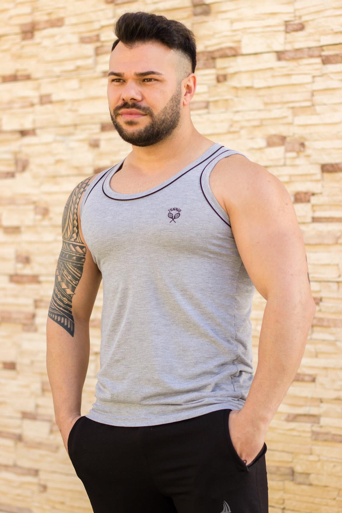 Erkek Gri Pamuklu Siyah Biyeli Atlet 21EATLATLT