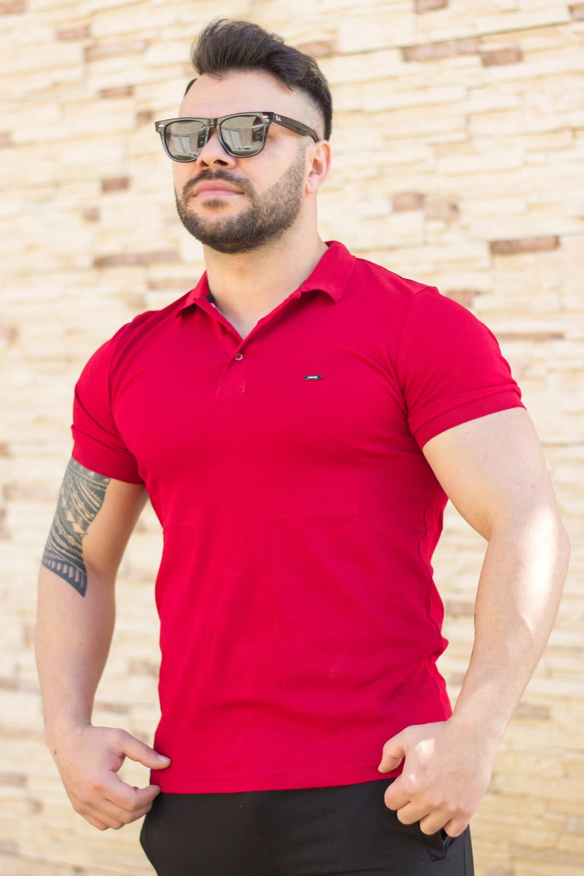 Erkek Kırmızı Petek Kumaş Düz Sade Basic Polo Yaka Tişört 21EPLYPET1