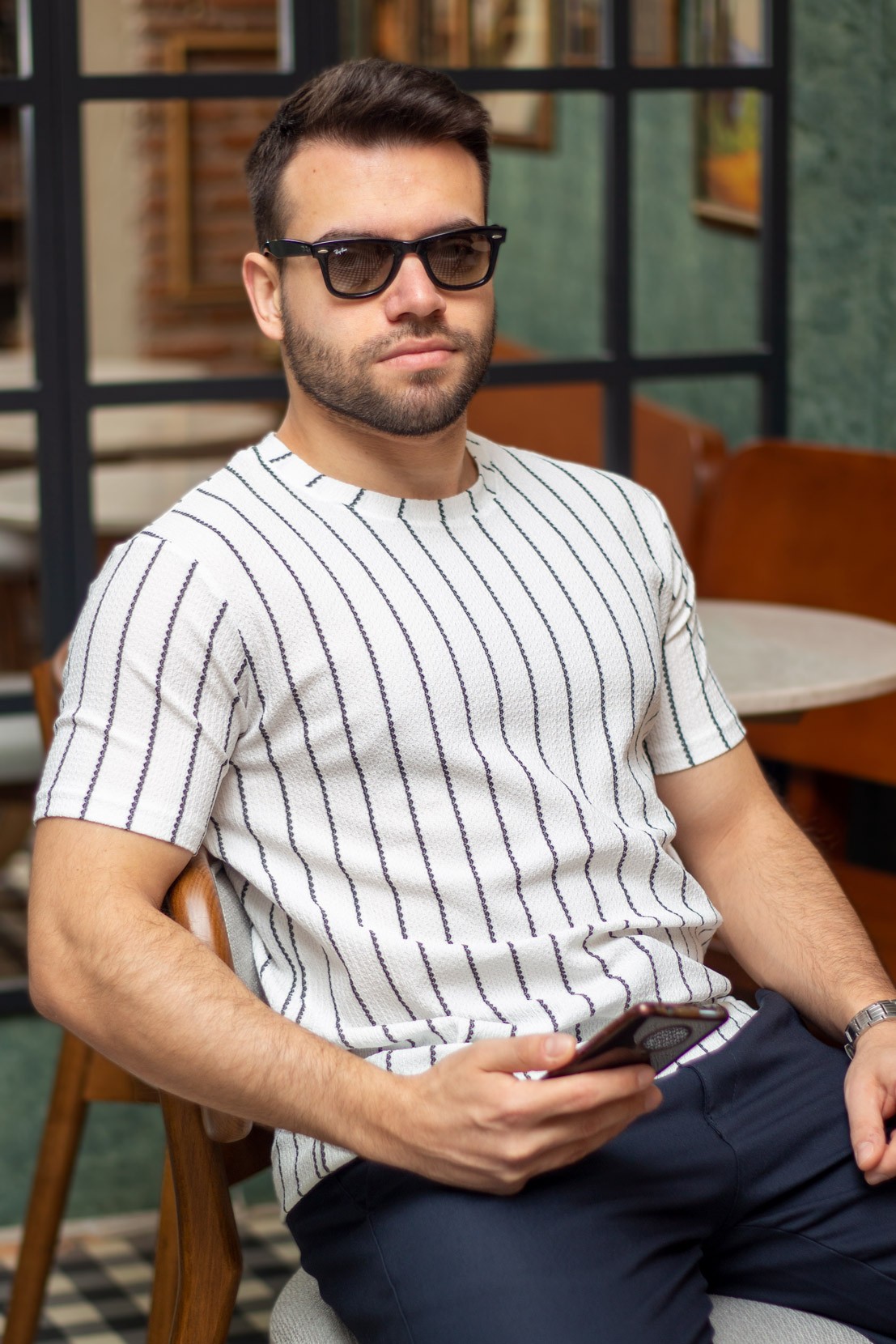 Erkek Beyaz Siyah Çizgi Desen Esnek Krep Bürümcük Kumaş İnce Tişört 25ETSHKRIN