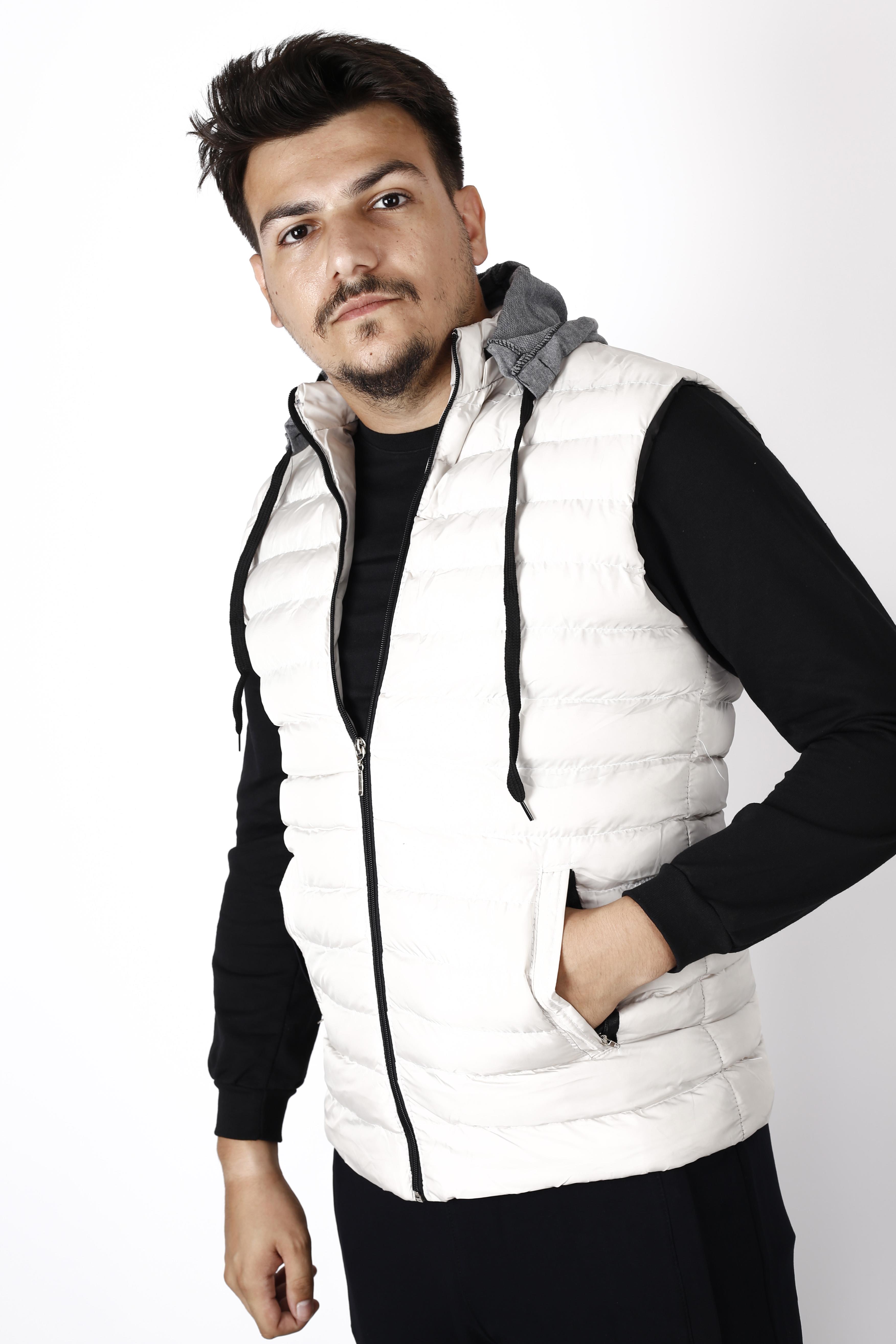 Erkek Beyaz Taş Rengi Çıkarılabilir Kapüşonlu Cep Fermuarlı Şişme Yelek 22EYLKWOLF