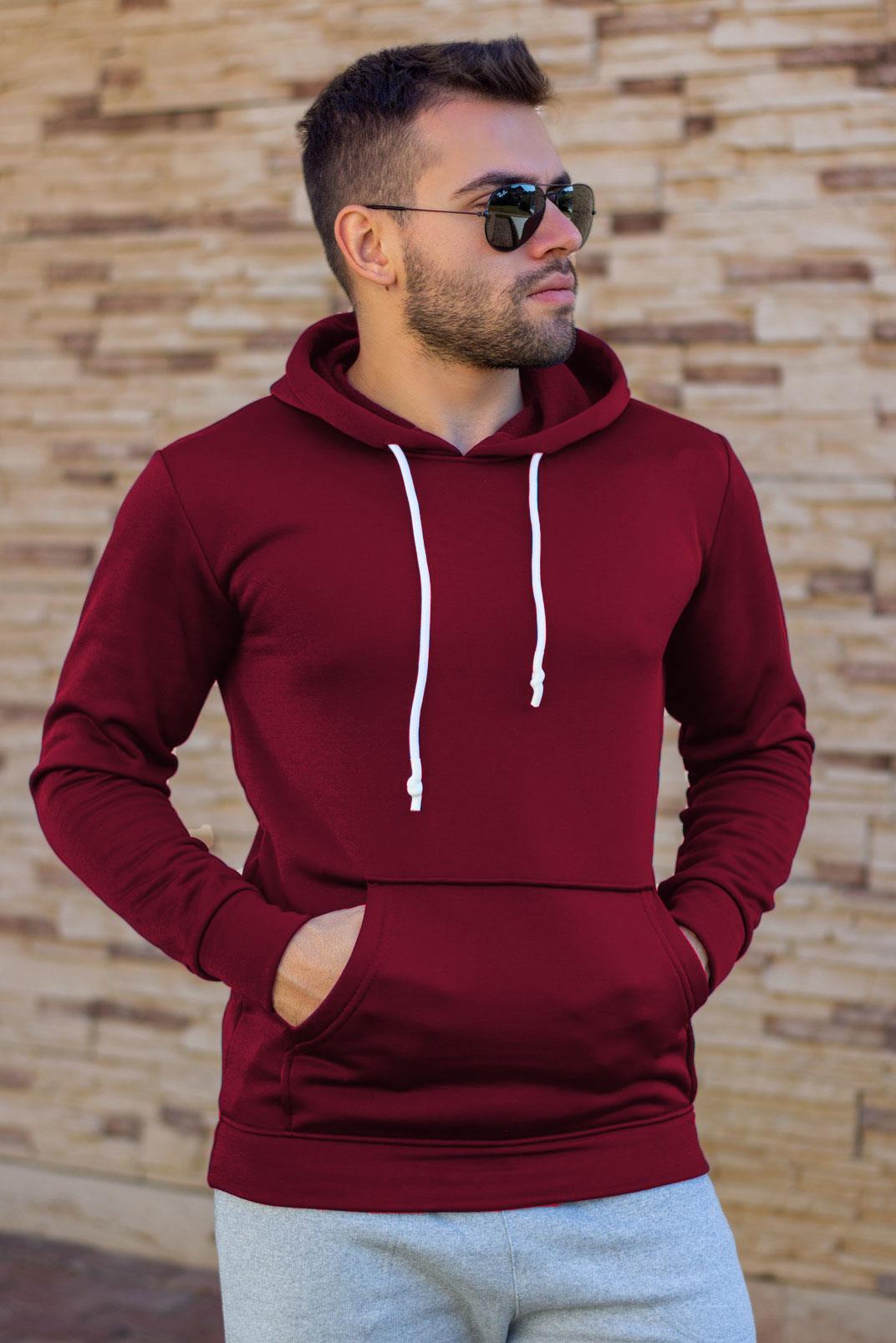 Erkek Bordo İçi Yumuşak Kalın Polar Kanguru Cep Kapüşonlu Sweatshirt 22ESWTPOLM