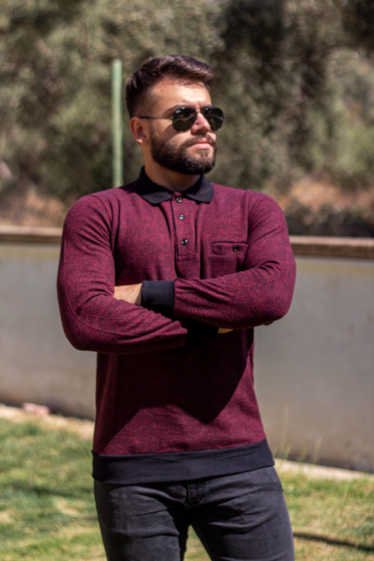 Erkek Bordo Polo Yaka Selanik Kumaş Sweat Kazak 21EKZKPLSL