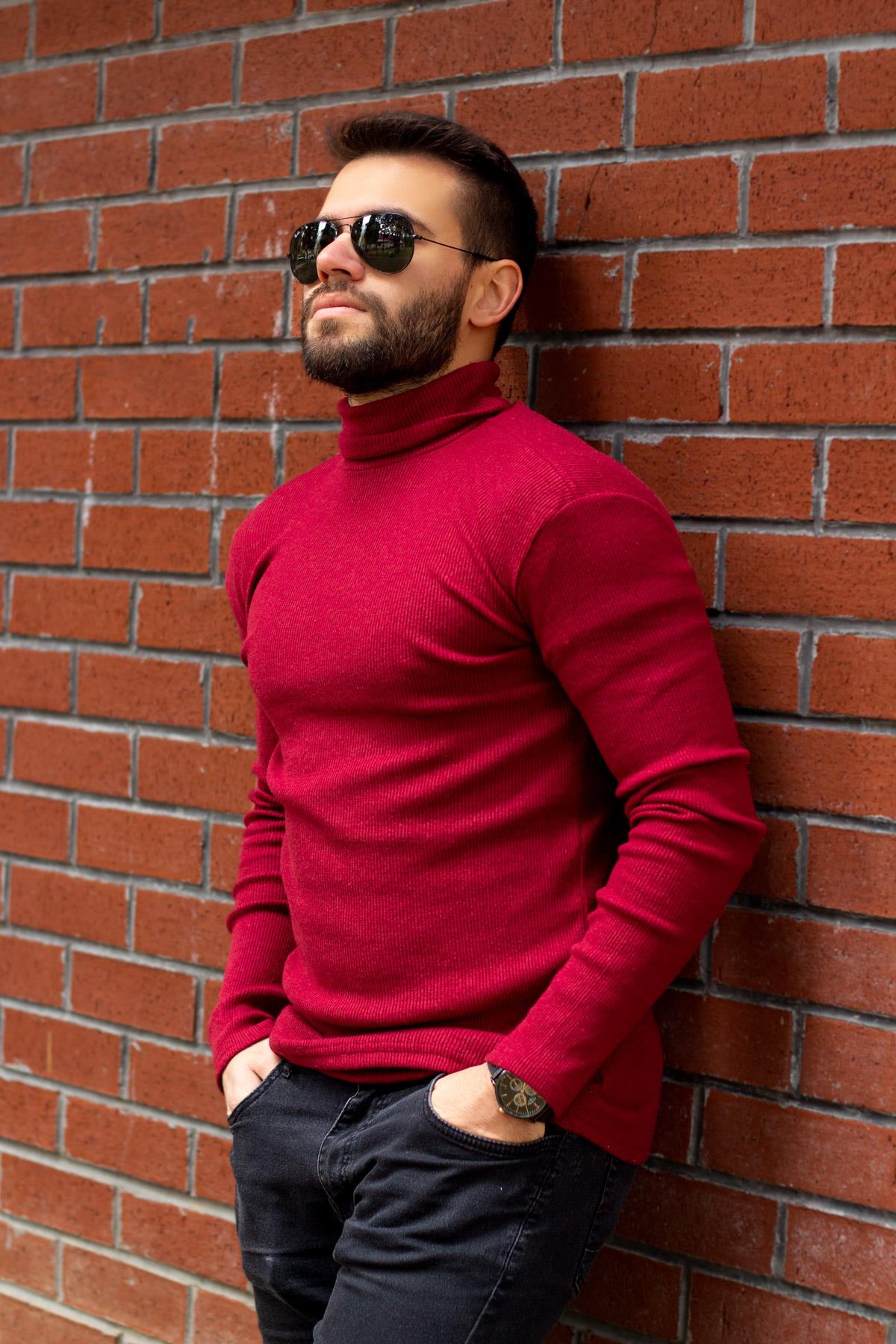 Erkek Bordo Tam Boğazlı Balıkçı İnce Uzun Kollu Body Kazak 22EKZKBODO