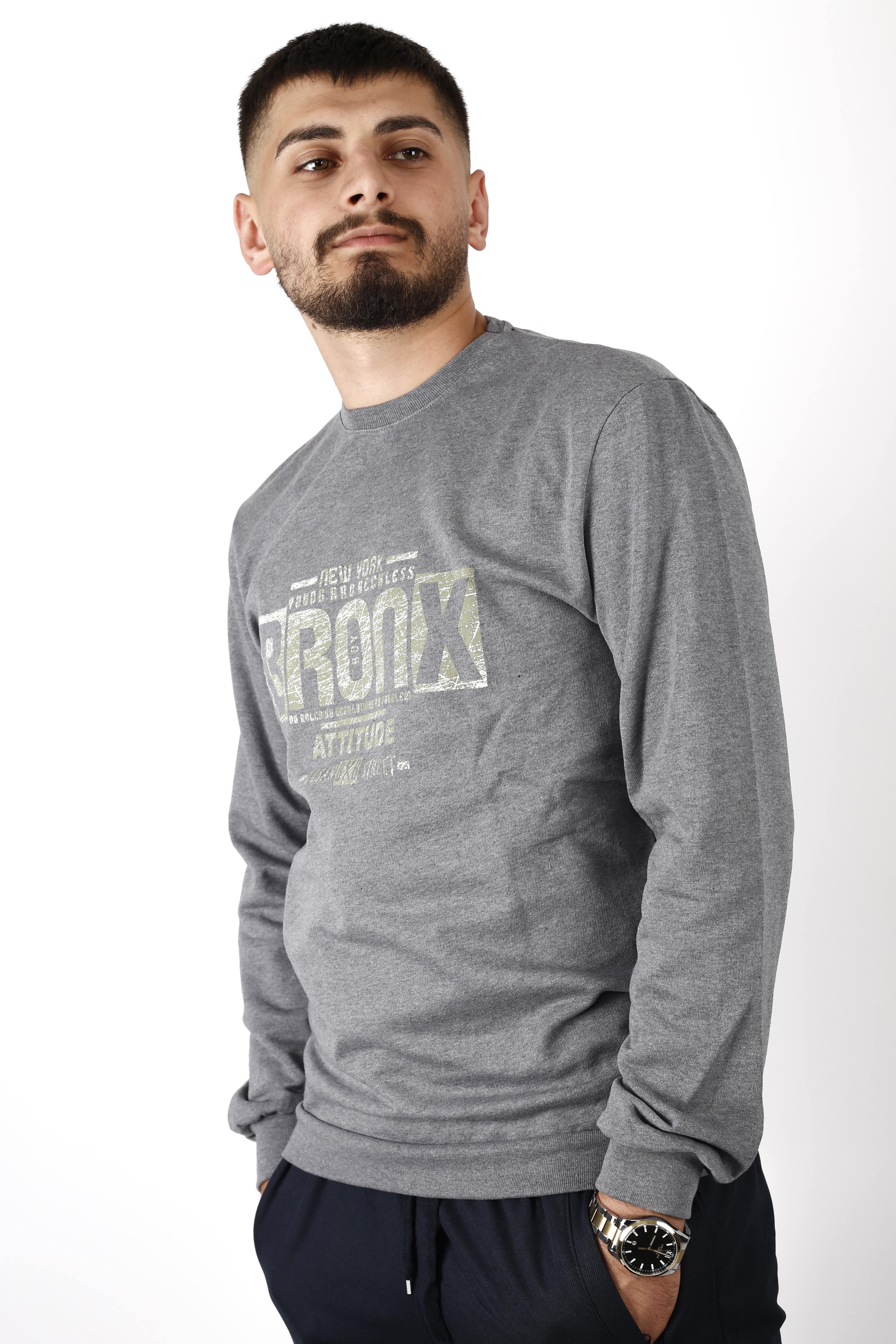 Erkek Füme Bronx Baskılı Bisiklet Yaka İnce Sweatshirt 22ESWTBNNZ