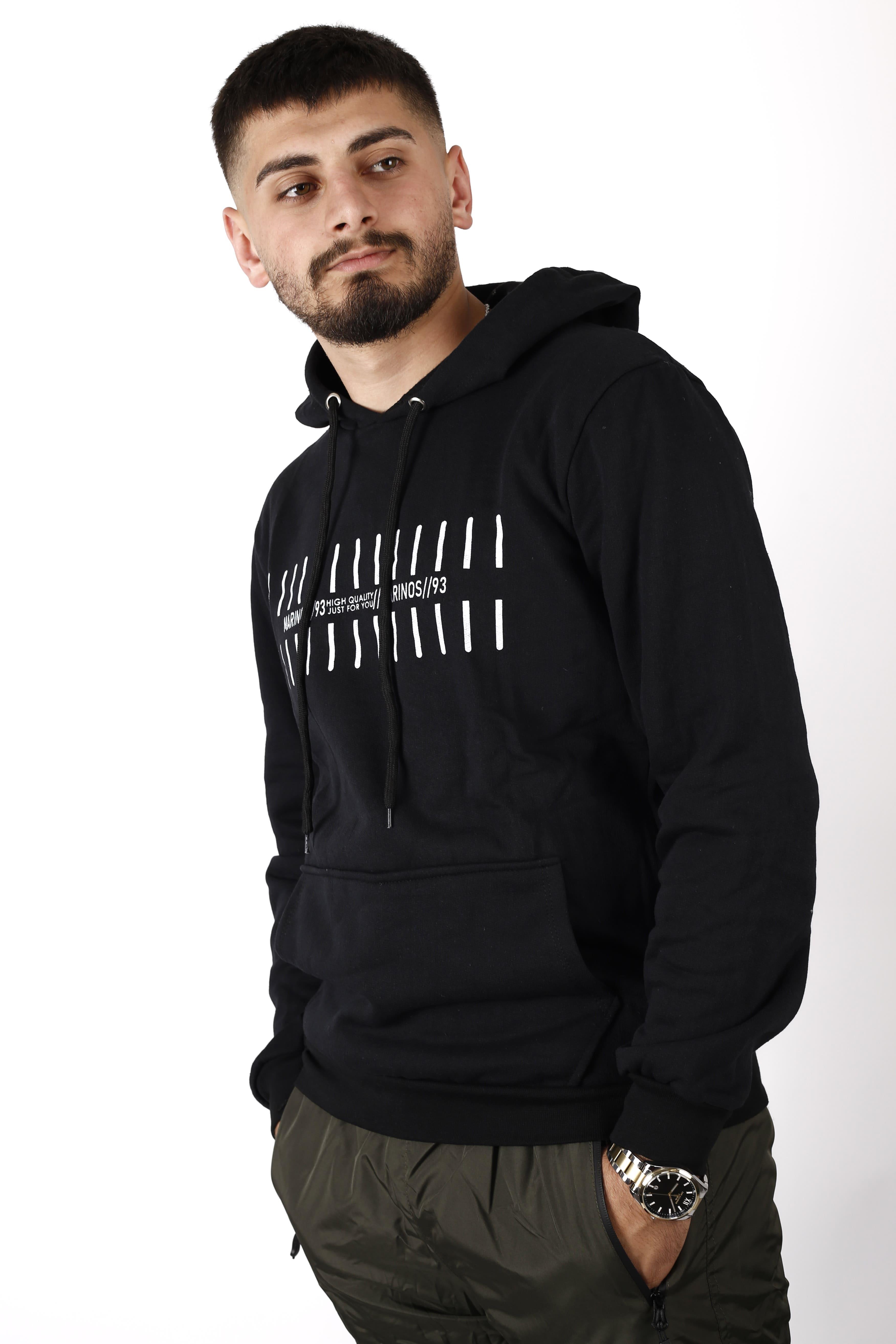 Erkek Siyah Merinos Baskılı Rahat Kapüşonlu Kanguru Cep Kalın Sweatshirt 22ESWTRINO