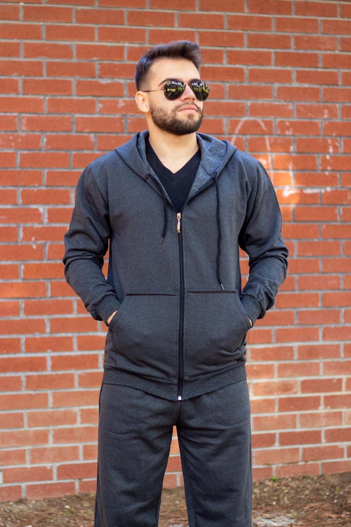 Erkek Füme Kapüşonlu Fermuarlı İçi Yumuşak Kalın Eşofman Takımı 21EESTKAFE