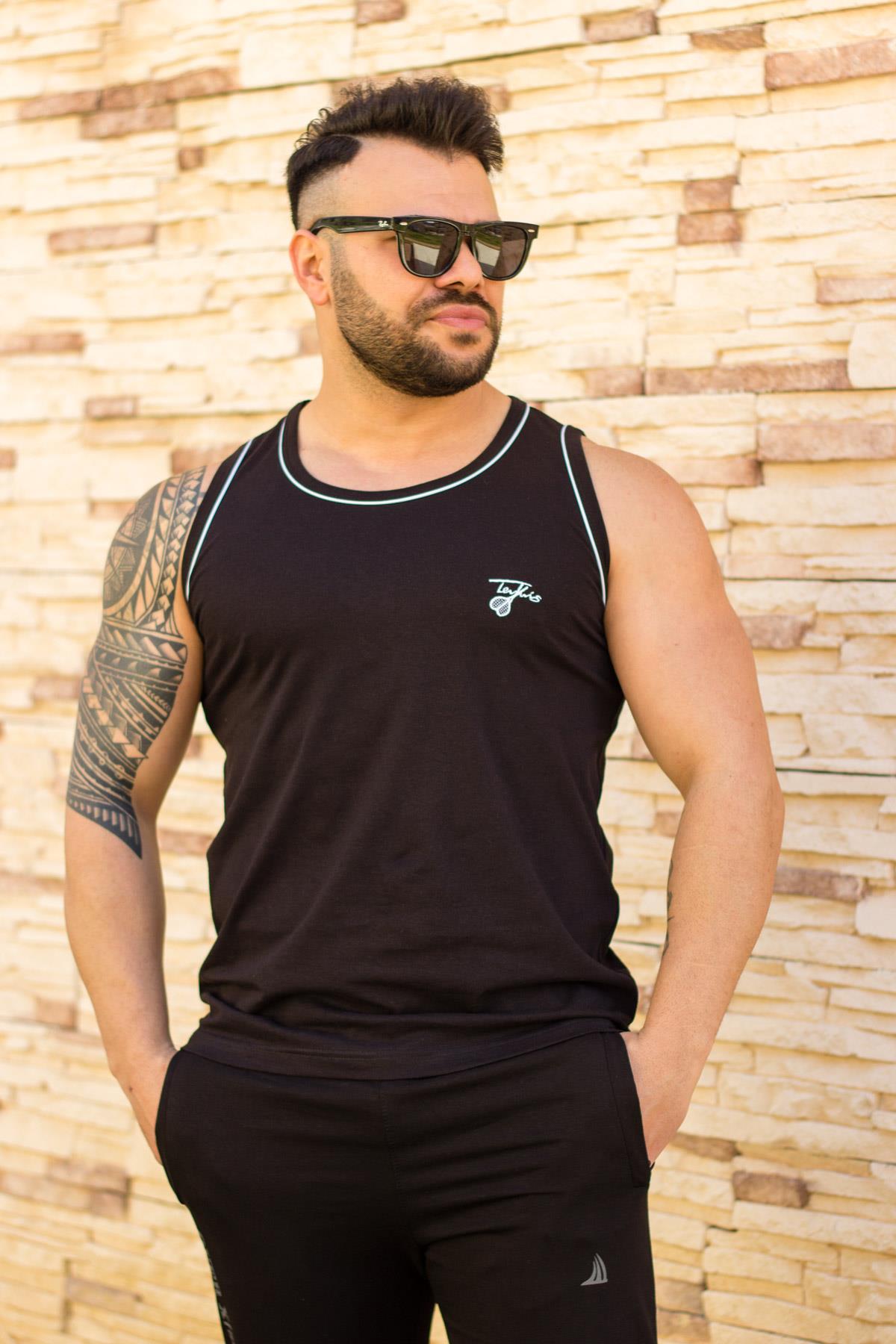 Erkek Siyah Pamuklu Beyaz Biyeli Atlet 21EATLATLT