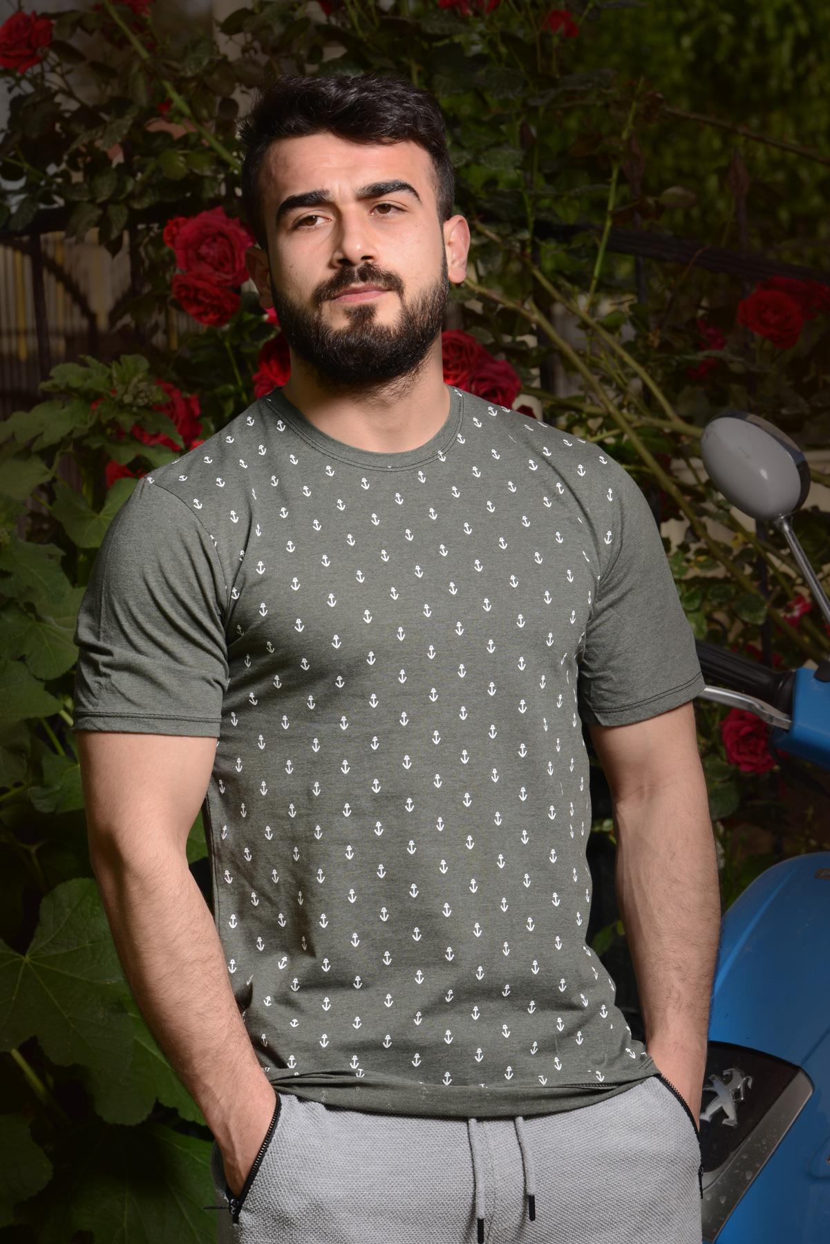 Erkek Füme Çapa Baskılı Kısa Kollu Bisiklet Yaka Tişört 20ETSHCAPA