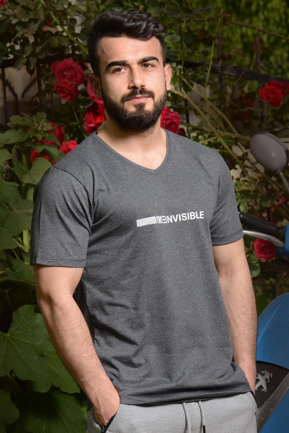 Erkek Füme Invisible Yazılı Kısa Kollu V Yaka Tişört 20ETSHNVSB