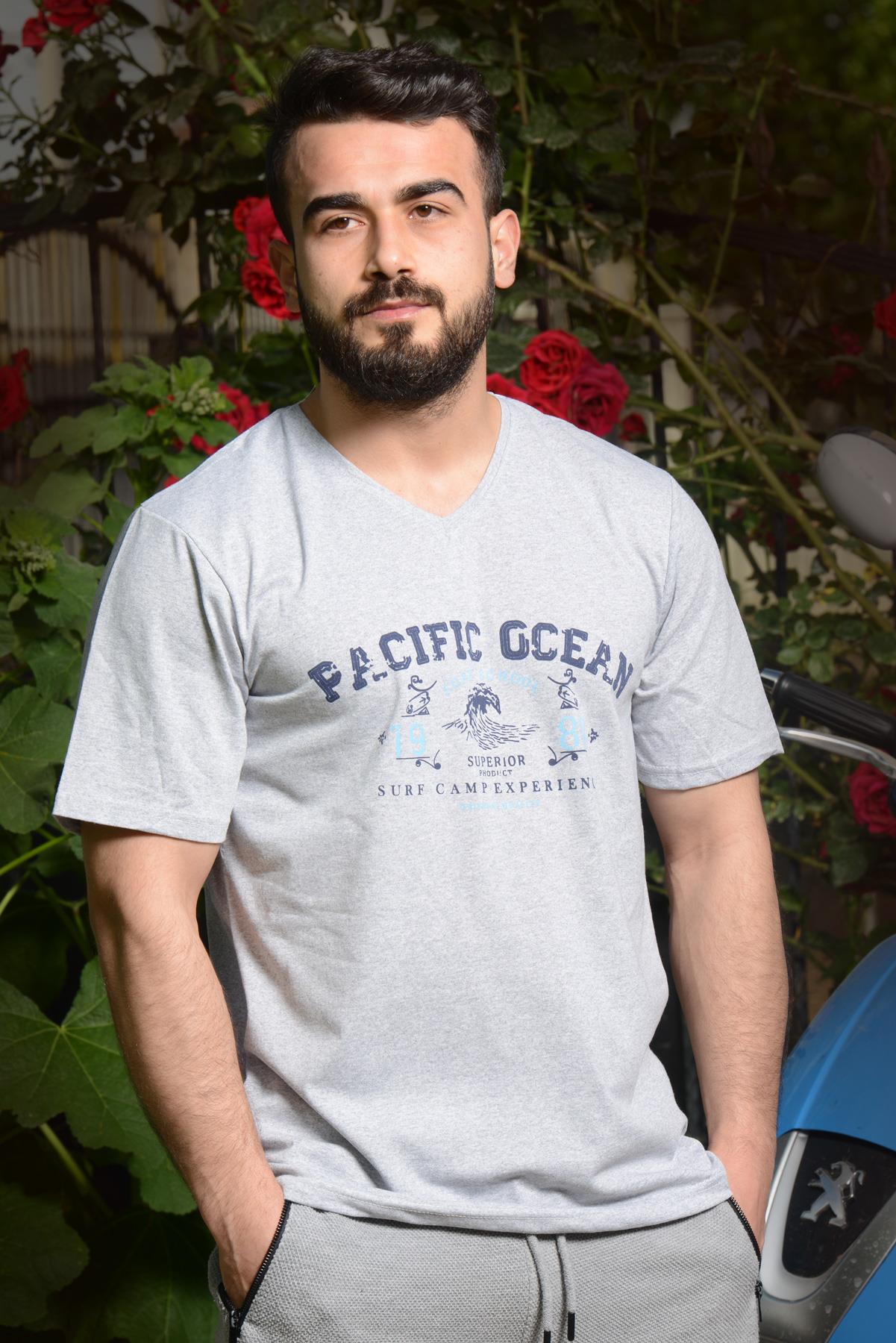 Erkek Gri Slim Fit Pacific Ocean Yazılı Kısa Kollu V Yaka Tişört 21ETSHPSCF