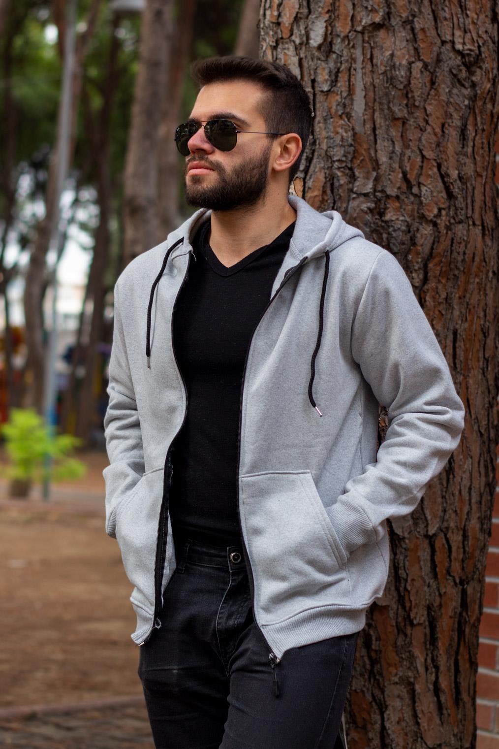Erkek Gri 3 İplik Ekstra Kalın Fermuarlı Kapüşonlu Ceket 22ECKTCEET