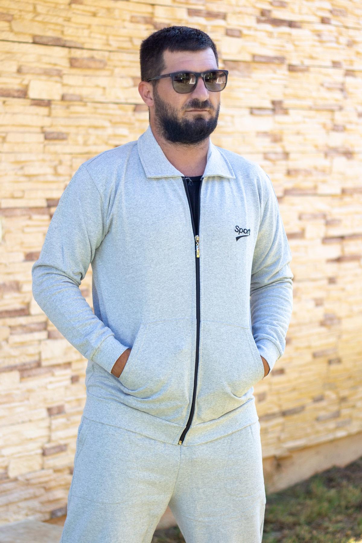 Erkek Gri Basic Düz Fermuarlı İçi Yumuşak Kalın Sweat Eşofman Takımı 21EESTFERM