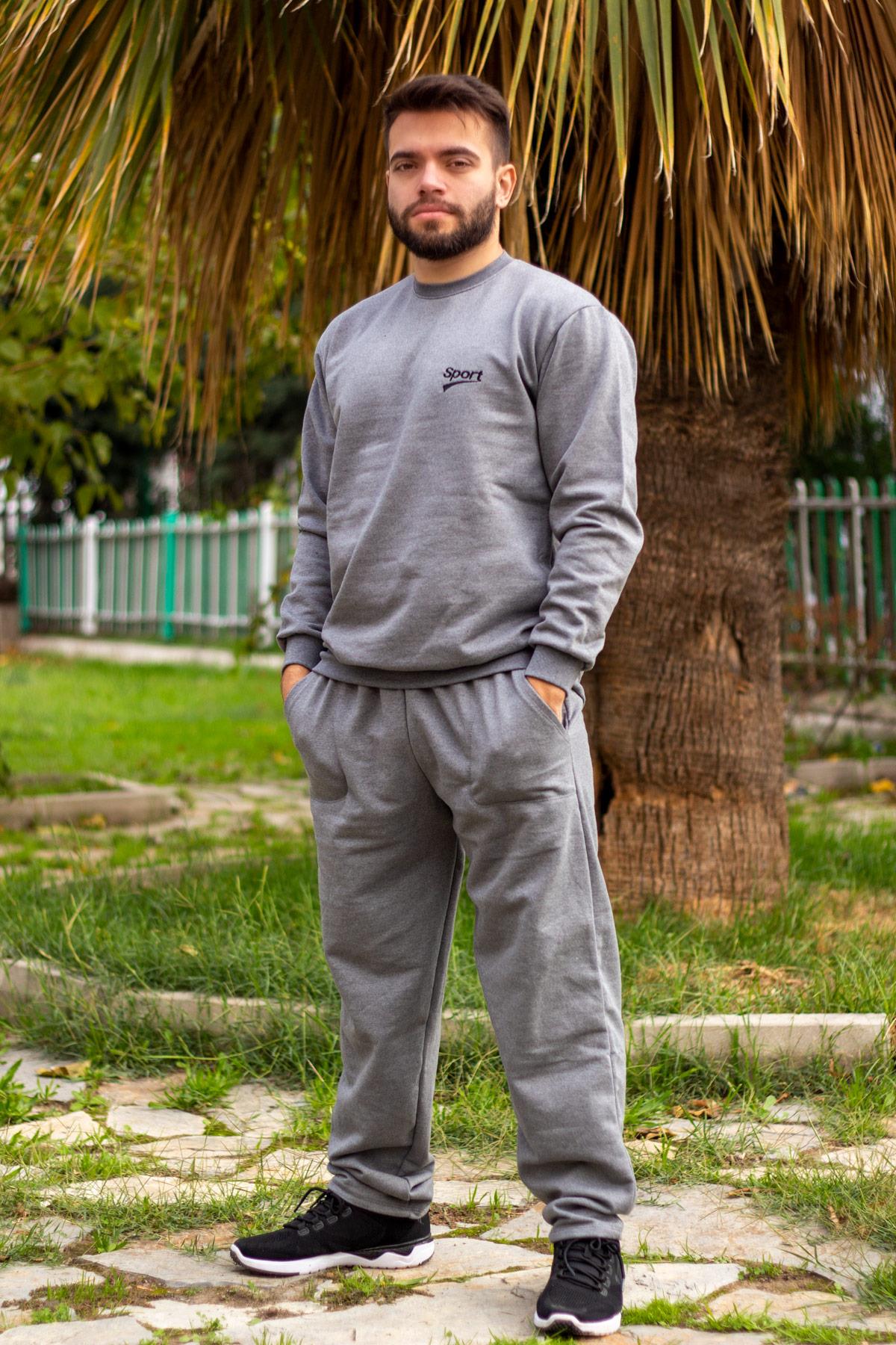 Erkek Gri Basic Sport Nakışlı Rahat Kalıp Kalın Sweat Eşofman Takımı 21EESTTASP