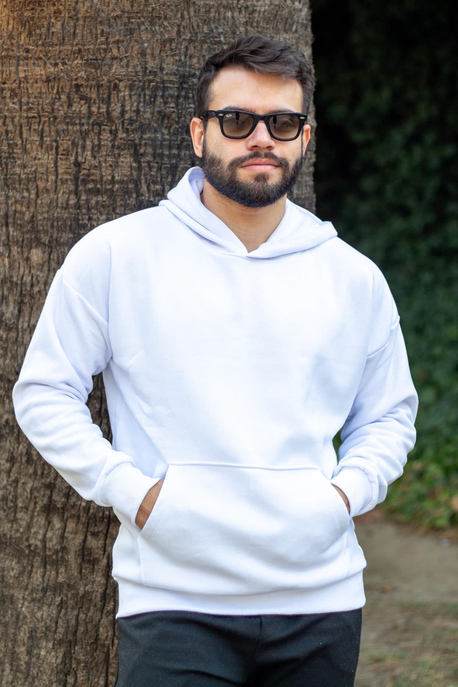 Erkek Beyaz Basic 3 Üç İplik Ekstra Kalın Kapüşonlu Kanguru Cep Uzun Kollu Sweatshirt 23ESWTUCPL