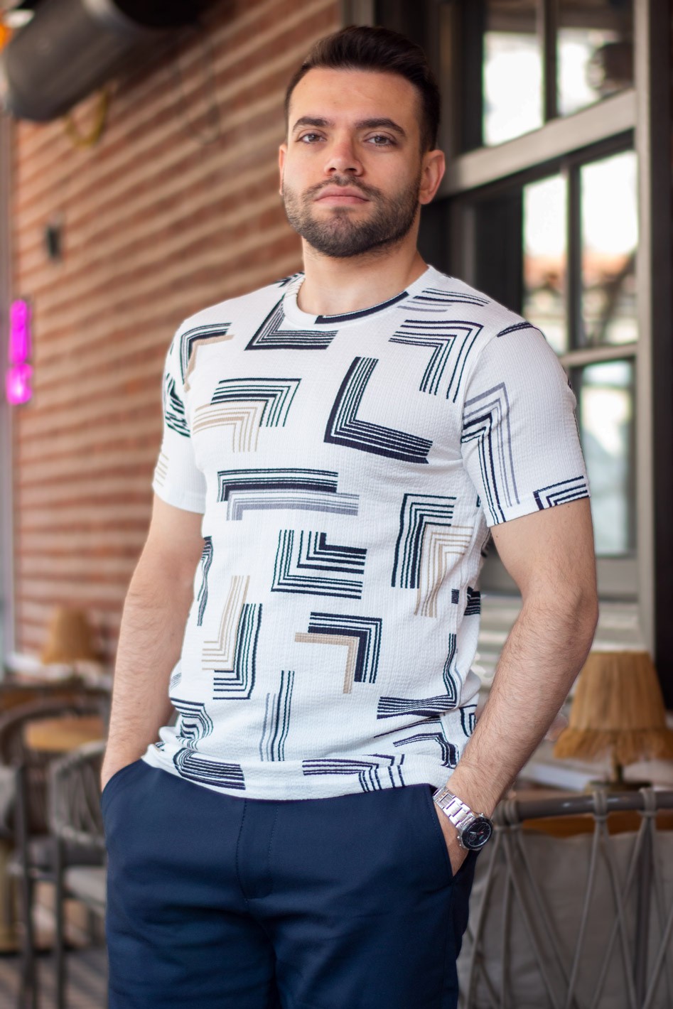 Erkek Gri Beyaz Gri Çizgi Desen Esnek Krep Bürümcük Kumaş İnce Tişört 25ETSHKRIN