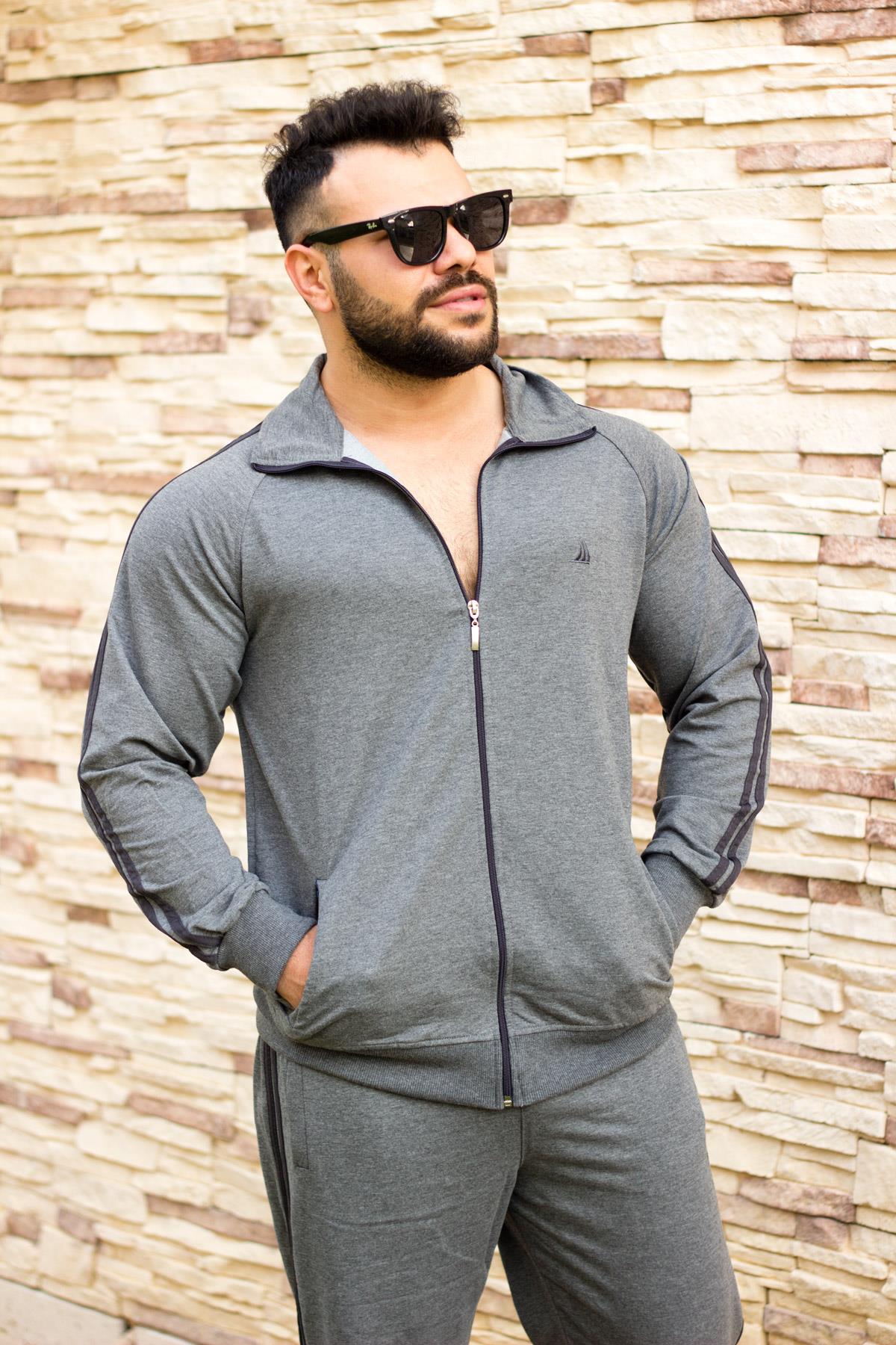 Erkek Gri Dik Yaka Şeritli Çizgili Rahat Kalıp Fermuarlı Eşofman Takımı 21EESTTAKT