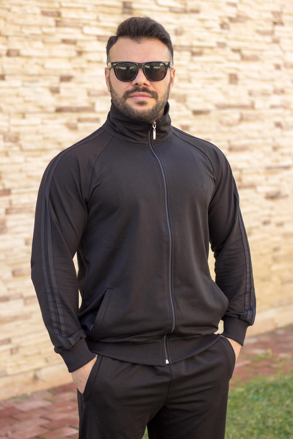 Erkek Siyah Dik Yaka Şeritli Çizgili Rahat Kalıp Fermuarlı Eşofman Takımı 21EESTTAKT