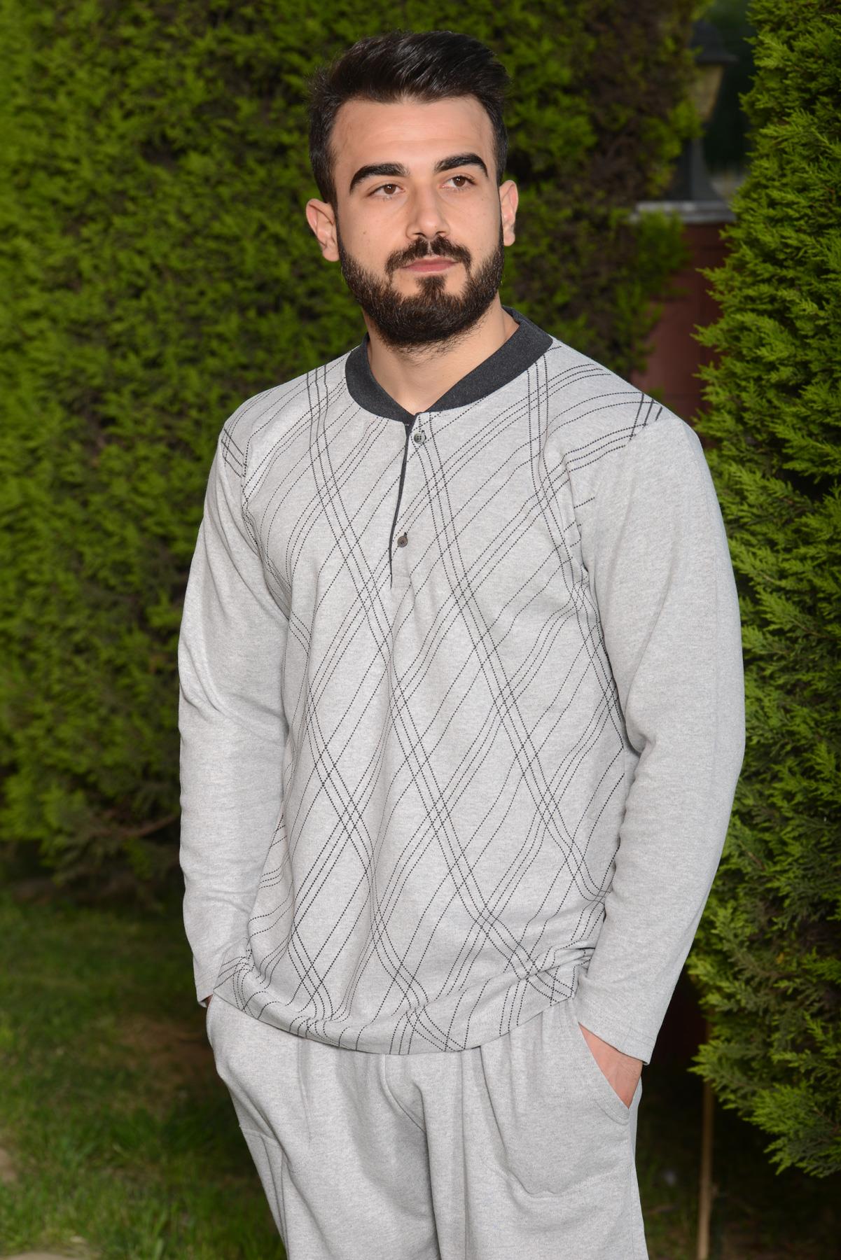 Erkek Gri Düğmeli Yaka Rahat Kalıp Uzun Kollu Kalın Pijama Takımı 21EPJTKBAK