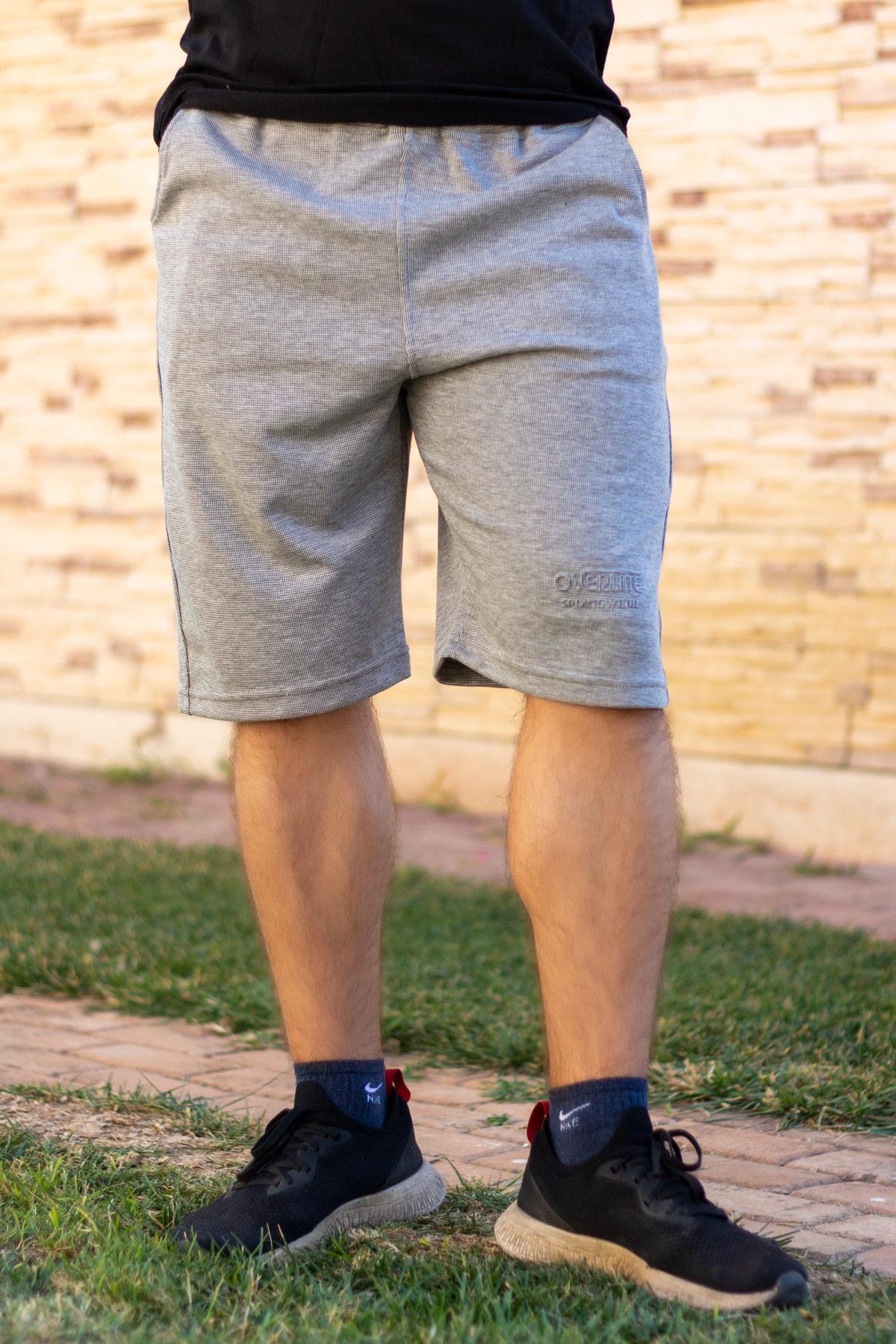 Erkek Gri Ekose Kare Desen Nakış Baskılı İpli Lastikli Şort 21ESRTEKKO