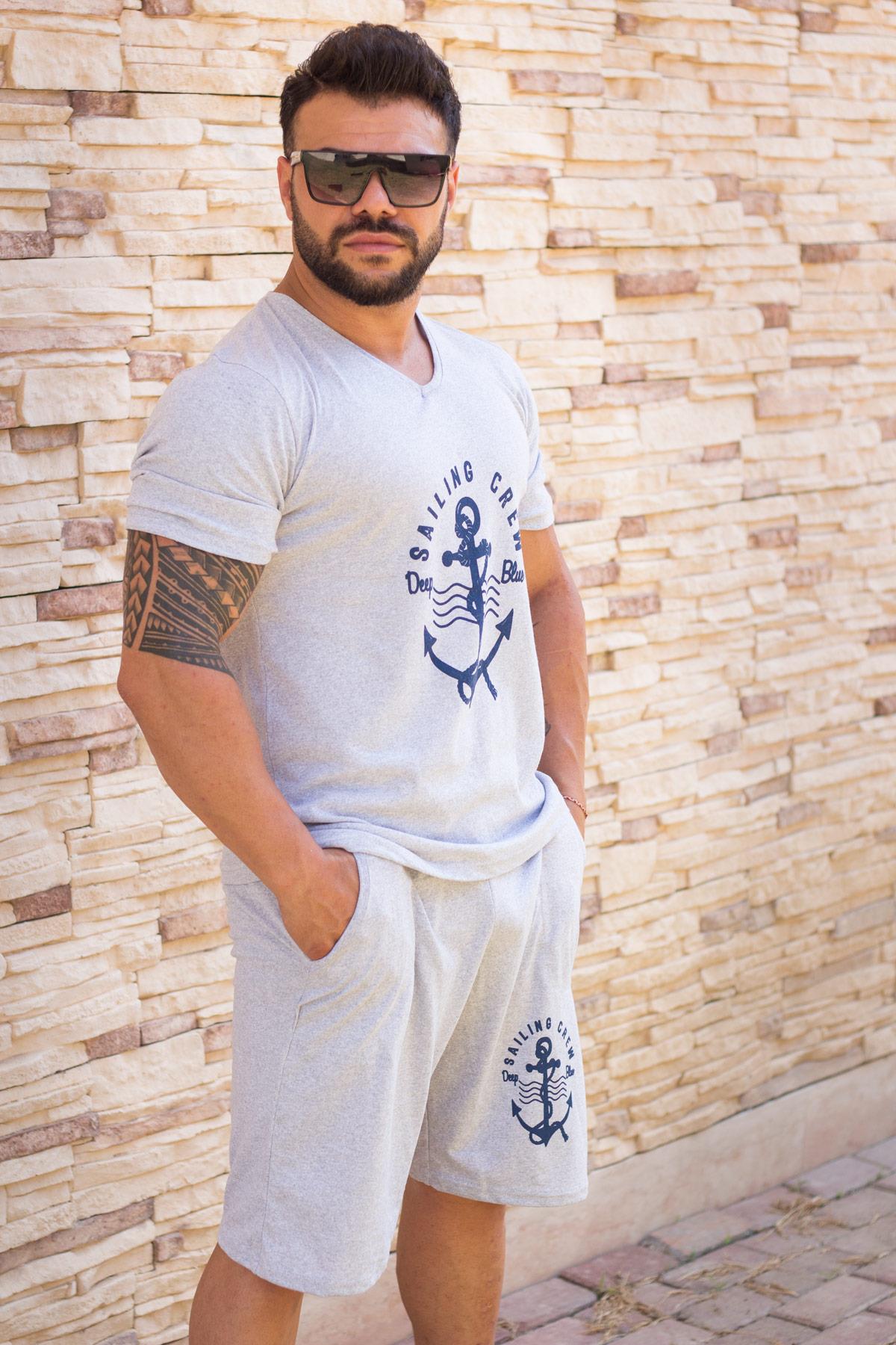 Erkek Gri İnce Pamuk Kumaş Denizci V Yaka Kısa Şort Pijama Takım 21EPJTCETE