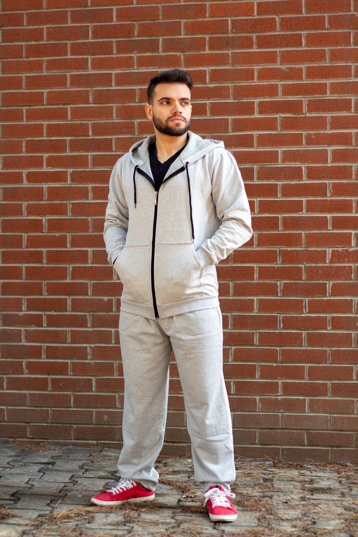 Erkek Gri Kapüşonlu Fermuarlı İçi Yumuşak Kalın Eşofman Takımı 21EESTKAFE