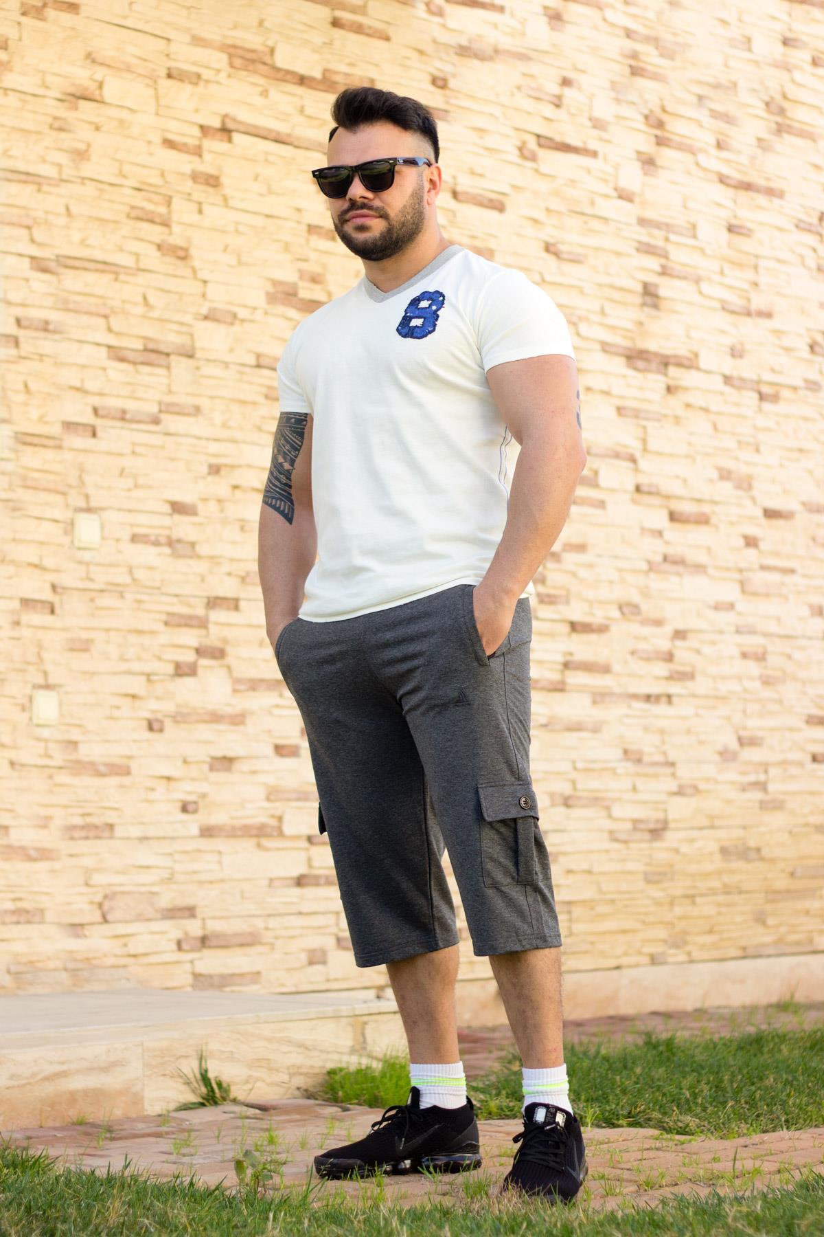 Erkek Gri Kargo Cepli Düğmeli Fermuarlı İpli Bermuda Şort 21EBRMUCEP