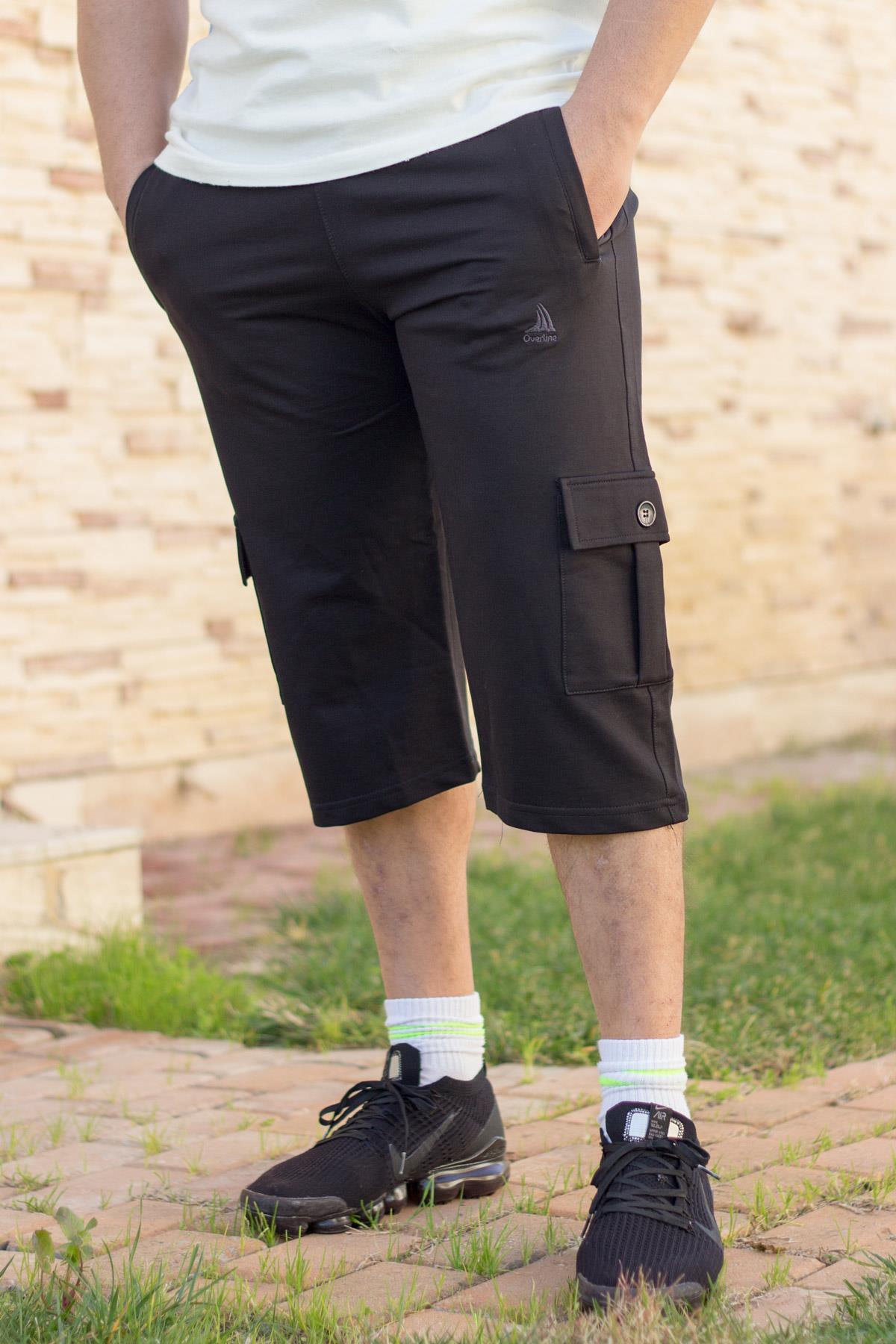 Erkek Siyah Kargo Cepli Düğmeli Fermuarlı İpli Bermuda Şort 21EBRMUCEP