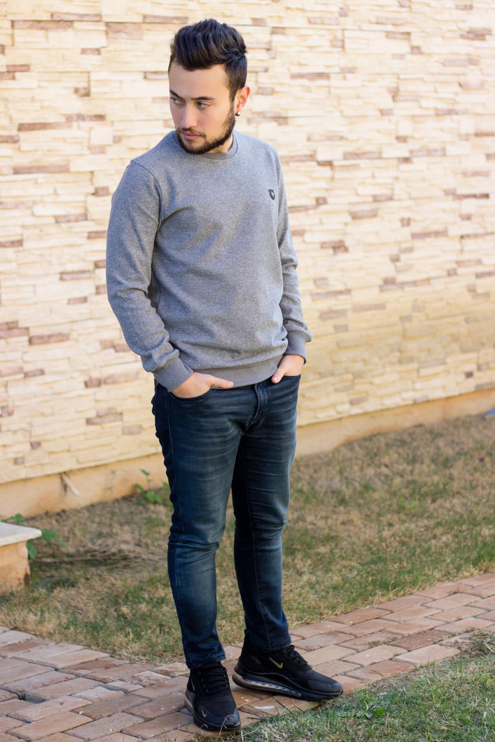 Erkek Gri Melanj Selanik Kumaş Sweat Kazak 20EKZKBSIC